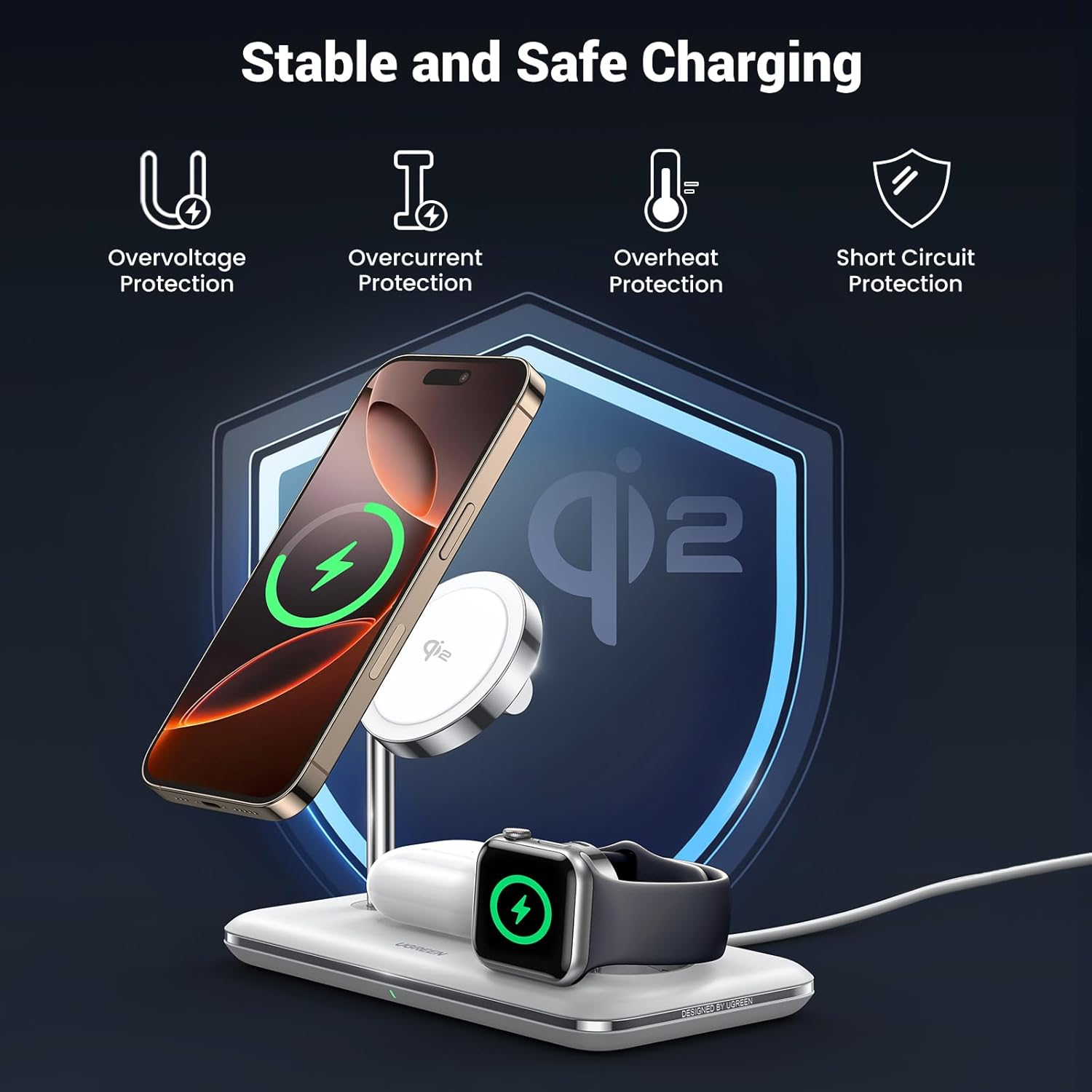 UGREEN Magflow Qi2 Wireless Charger, 25W 3 in 1 Charging Station, Fast Charge, Compatible for Iphone 16/15/14/13/12 Magsafe Series, Apple Watch, Airpods Series (No AC Adapter) image number 6