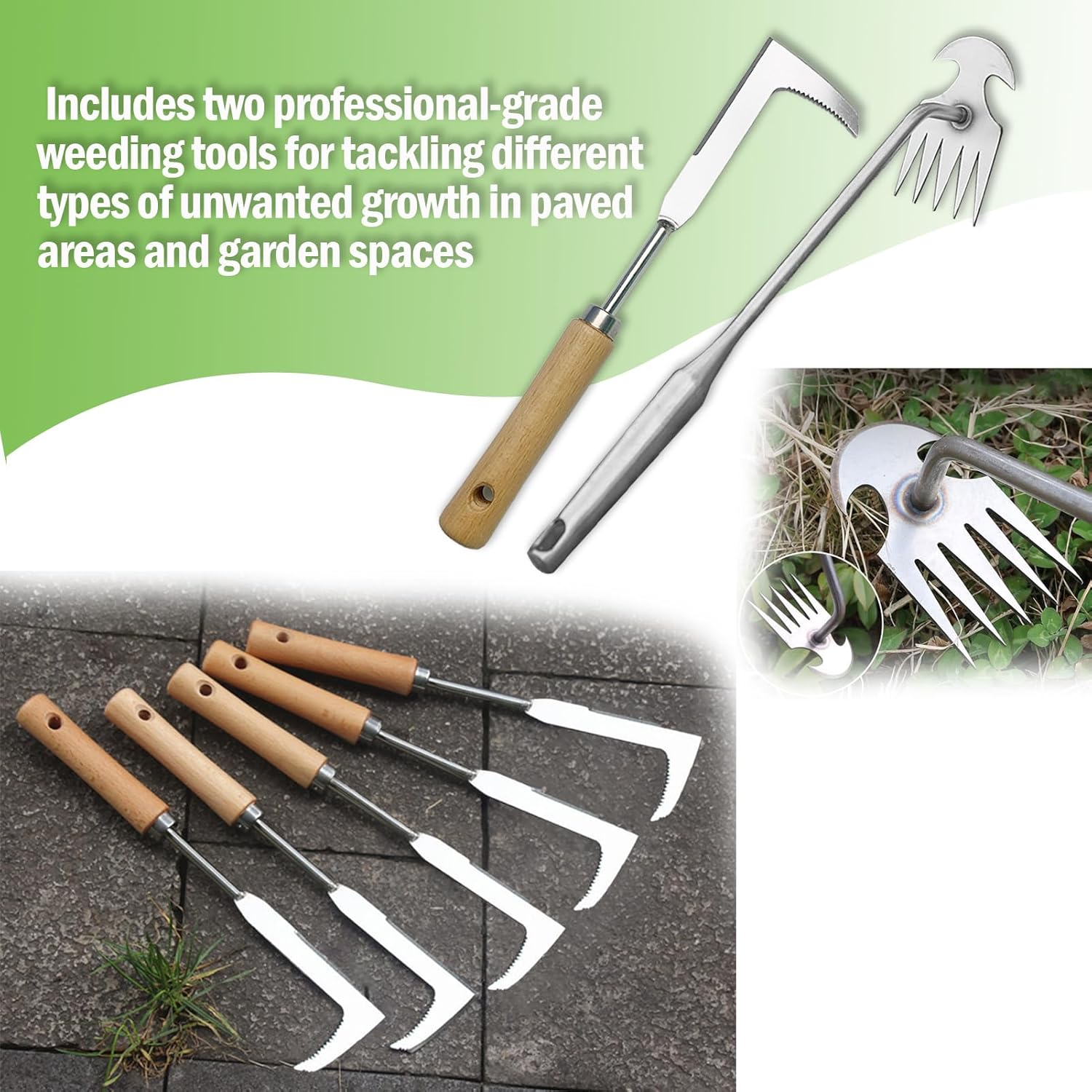 Stainless Steel Crevice Weeding Tool, 2 Pack, Manual Weeder with Wooden Handle for Gardens and Patio Lawns Driveways and Walkways image number 5