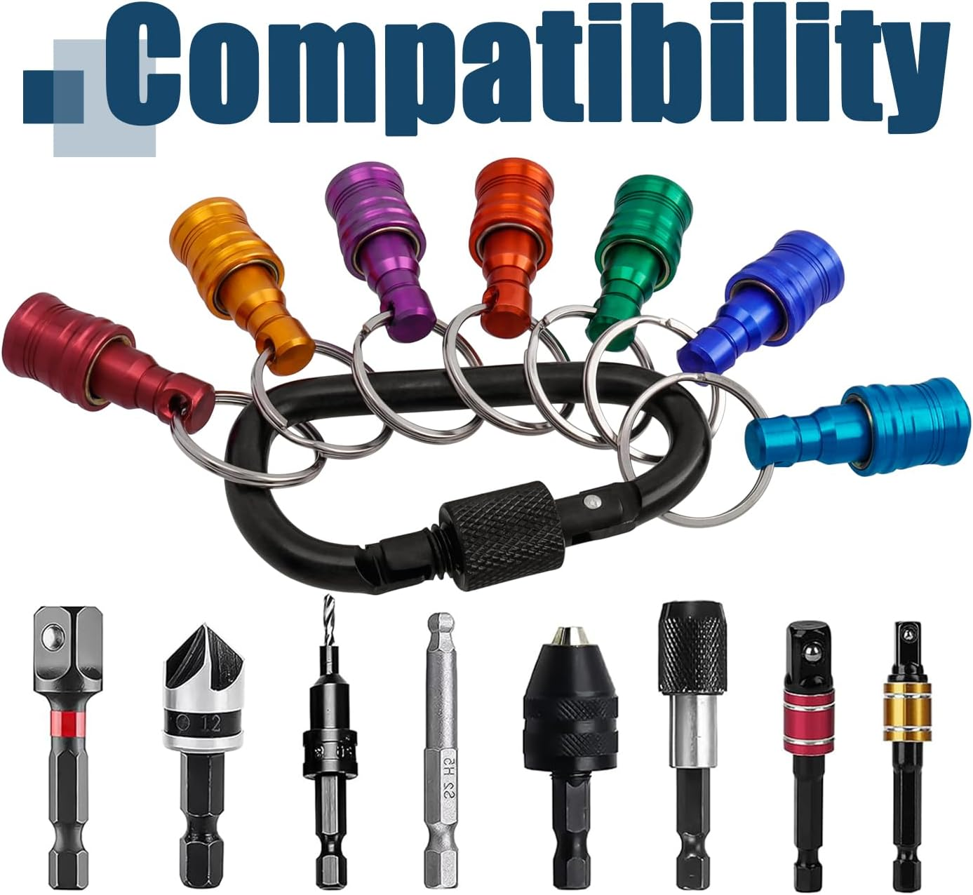 1/4 Inch Hex Shank Screwdriver Bits Holder Extension Bar Keychain Drill Screw Adapter 7 In-1 Quick Release Screw Driver Bit Holder with D Lock Black Carabiner image number 6