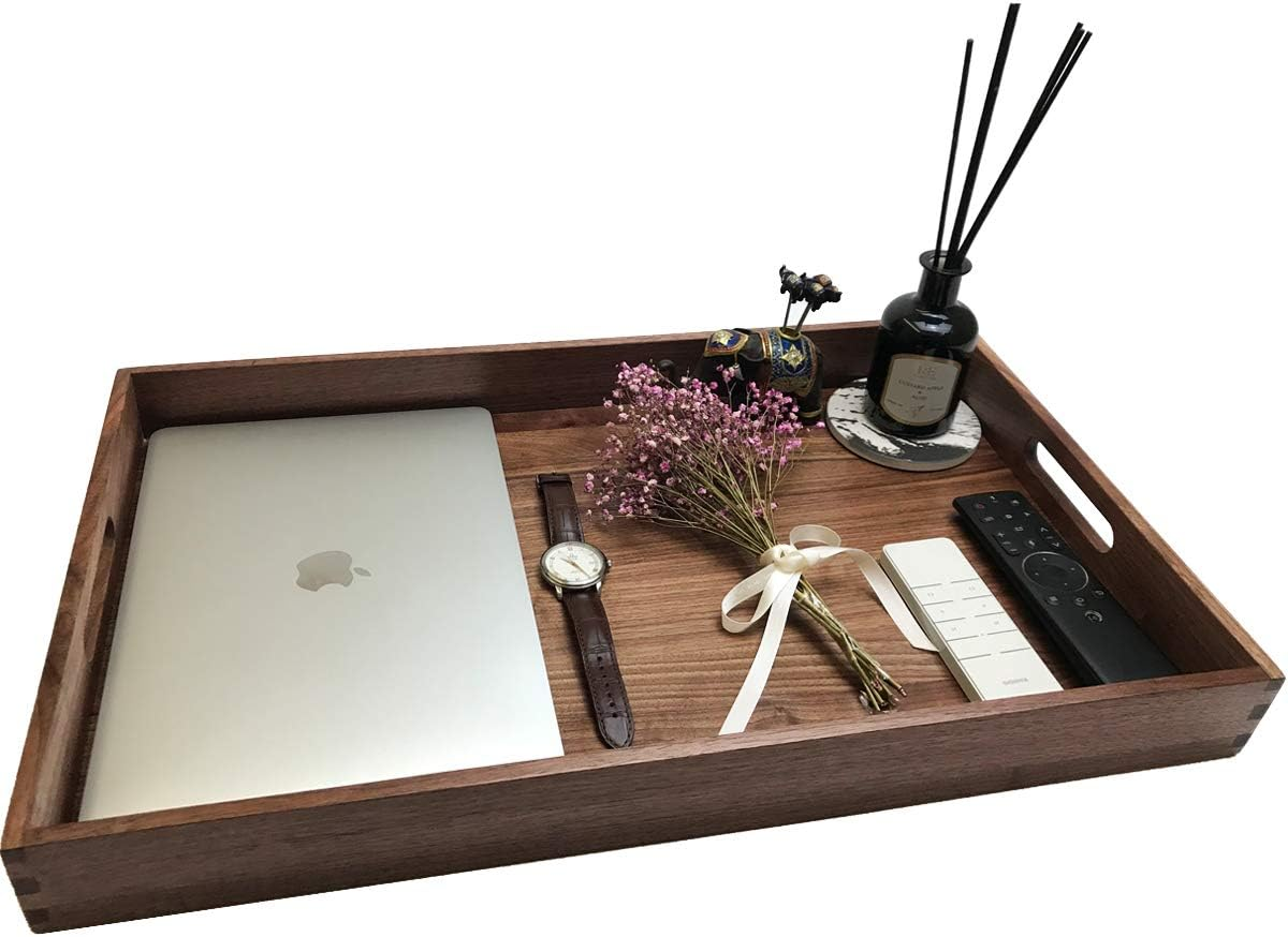 MAGIGO 22 X 14 Inches Large Rectangle Walnut Wood Ottoman Tray with Handles, Serve Tea, Coffee or Breakfast in Bed, Classic Wooden Decorative Serving Tray - Cherry Wood image number 7