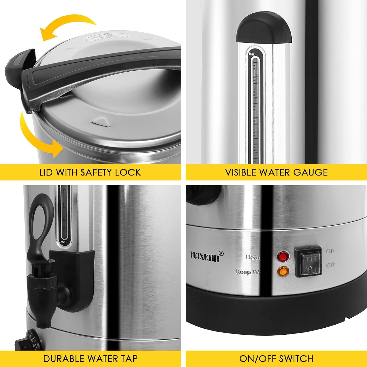 Maxkon 23.8L Urn Kettle Water Dispenser Instant Hot Cold Tea Coffee Maker Commercial Home Camping Boiler Machine Stainless Steel with Tap