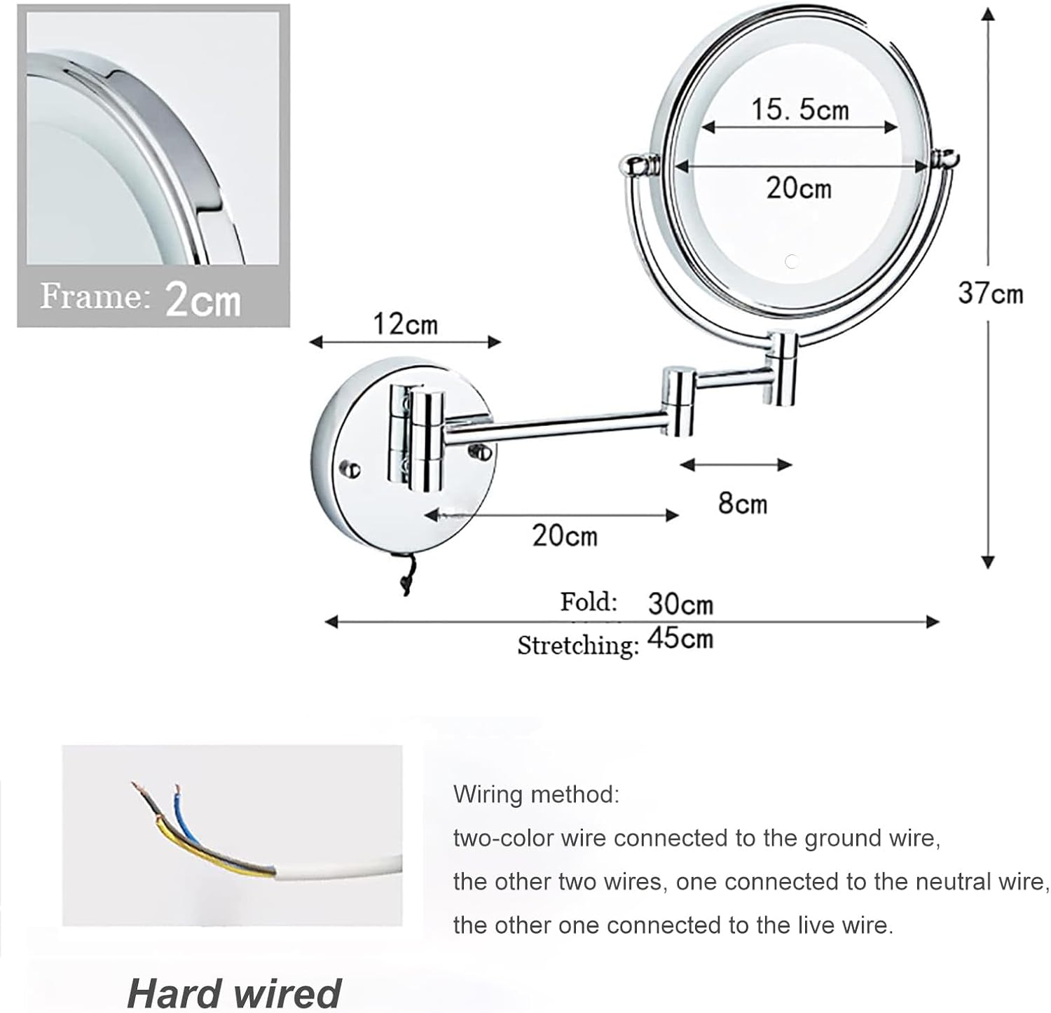 8" Wall Mounted Lighted Makeup Mirror, Stepless Dimming Hardwired Magnifying Vanity Mirror, Extendable LED Bathroom Shaving Mirror,Chrome,7X image number 4