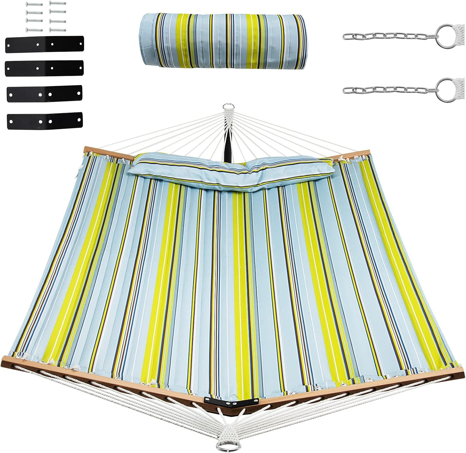 Costway Portable Hammock W/Spreader Bars & Detachable Pillow, Quick Dry & Water Proof Material, Hand Woven Cotton Rope, Outdoor Indoor Hammock for Patio, Poolside, Garden, Backyard image number 3