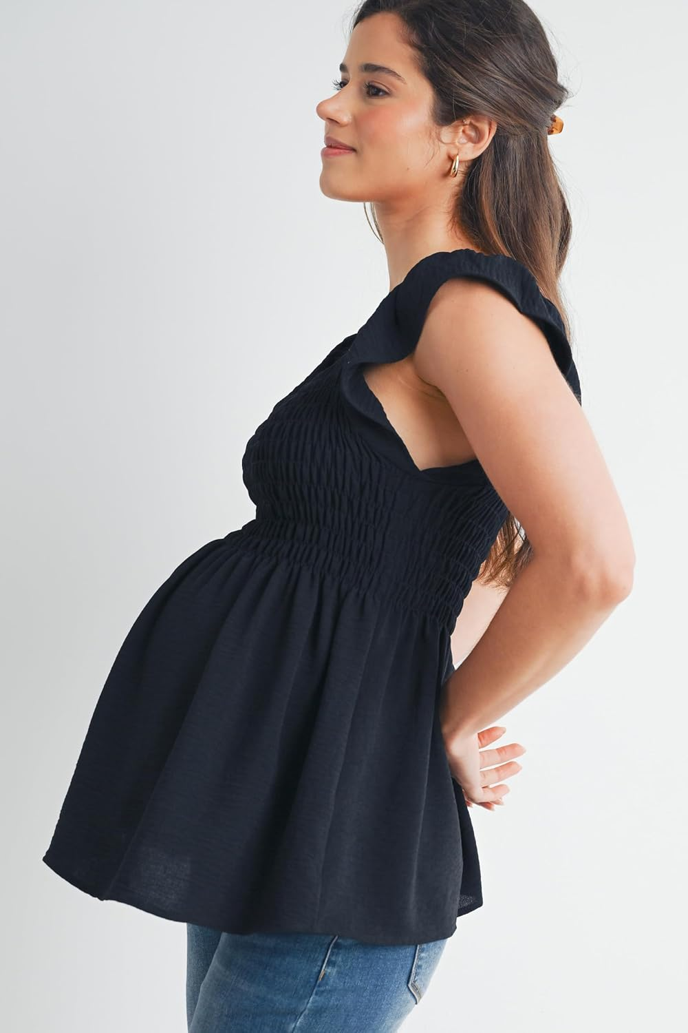 Women'S Square Neck Smocked Blouse Ruffle Cap Sleeve Maternity Top image number 2