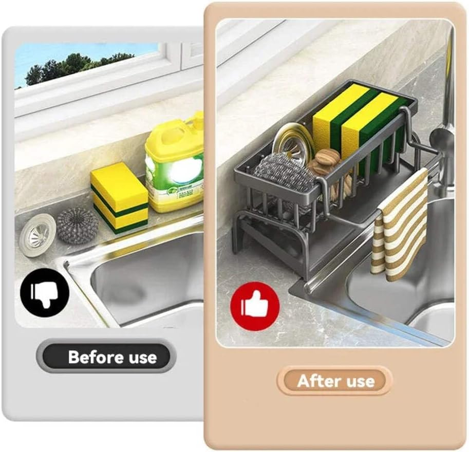 Carbon Steel Kitchen Sink Organizer with Self-Draining Drainage Tray, Sponge Holder, Towel & Mop Holder, Black Kitchen Organizer with Hook, Super Kitchen & Bathroom Accessories image number 1