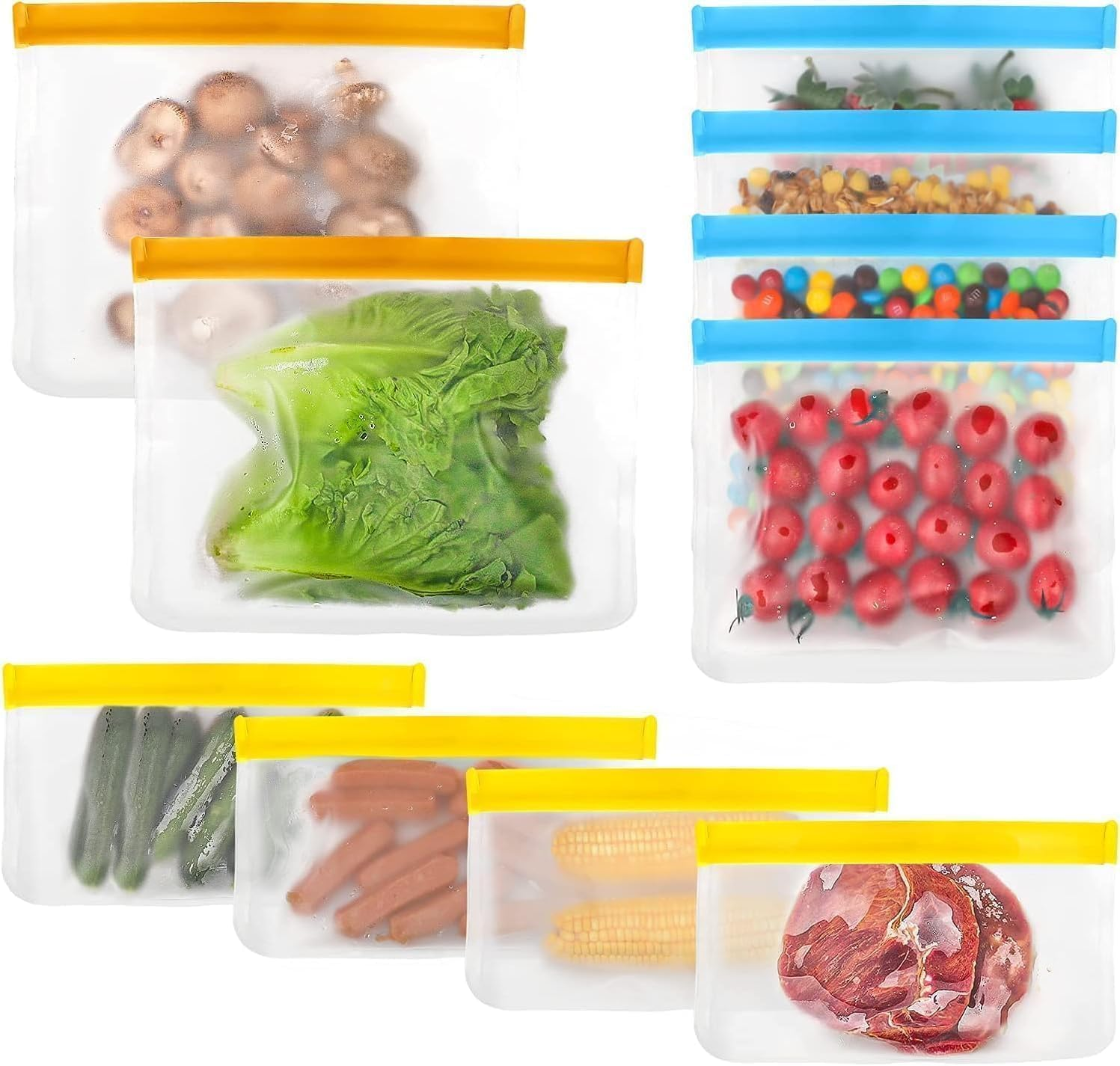 10 Pack Reusable PEVA Storage Silicone Lunch Bags, Reusable Freezer Containers &ndash; Bpa-Free, Gallon, Sandwich & Snack Pack (10 Pack: 10 Large Bags)