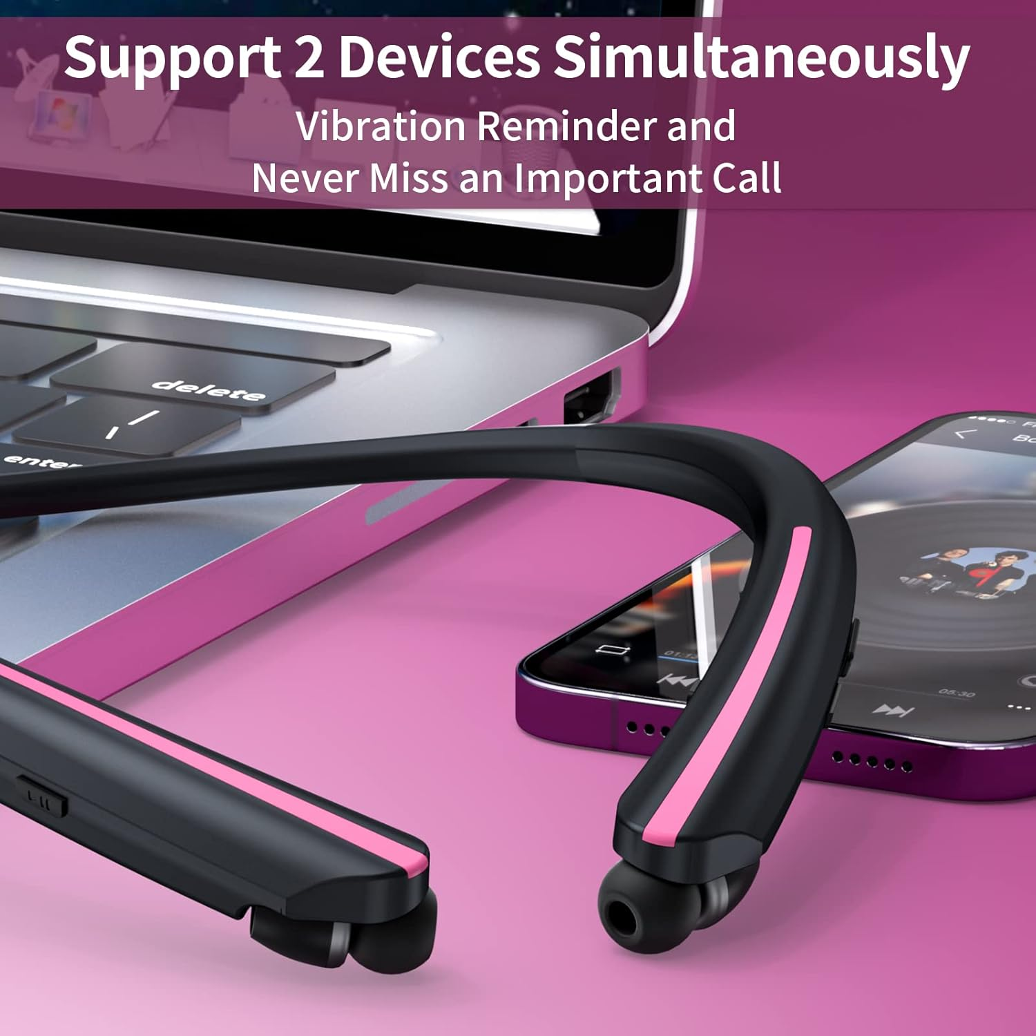 APPINESSEY Bluetooth Headphones Retractable Neckband, Bluetooth Headset with Microphone Vibration Call, Stereo Noise Cancelling Earphones for Workout Sports Driving (Black Pink) - Black Blue image number 4