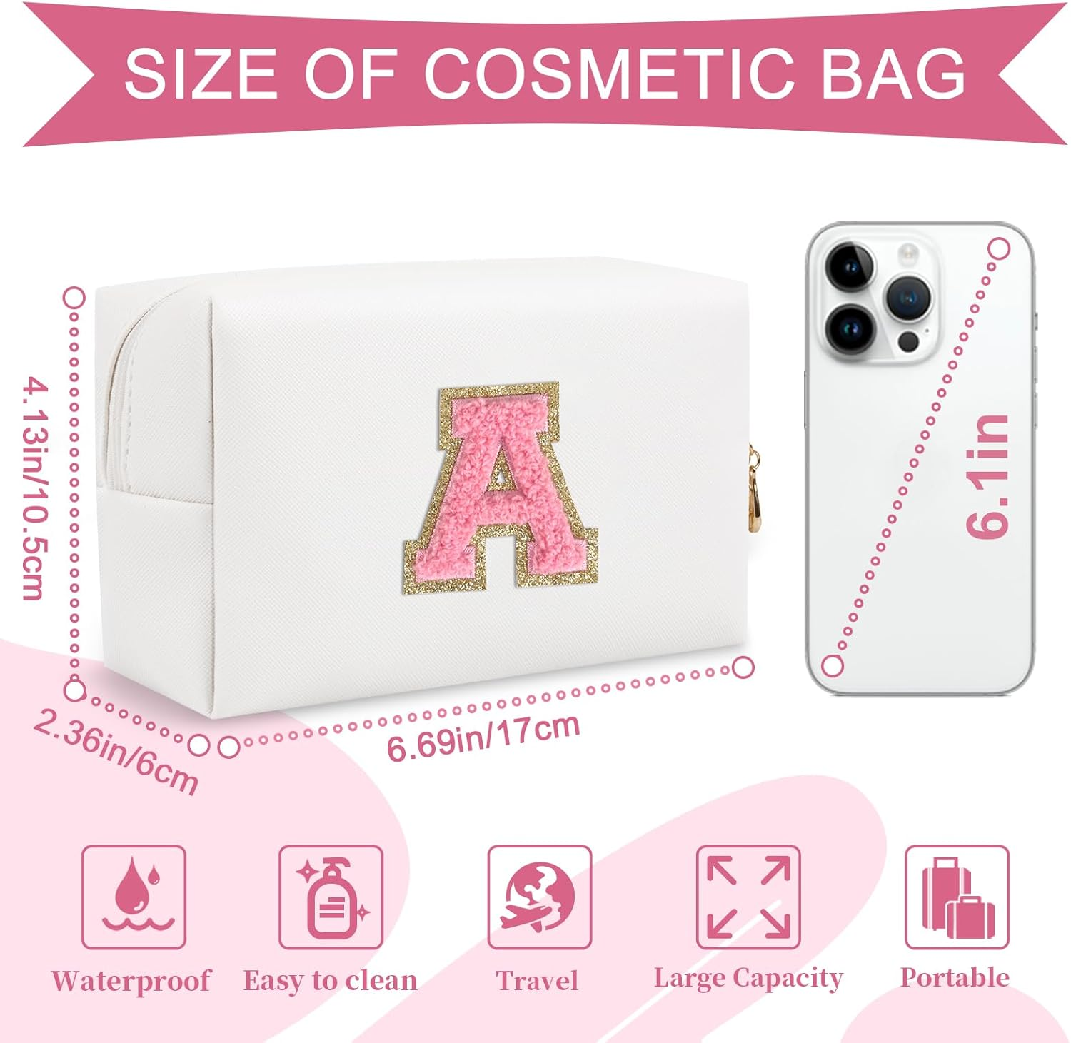 Personalized Makeup Bag Initial A-Z Preppy Patch Bag,Small PU Leather Travel Cosmetic Bag Pouch with Zipper,White Cute Toiletry Bag,Gift Ideal for Teen Girls Women Birthday Friend Mom,Letter A image number 5