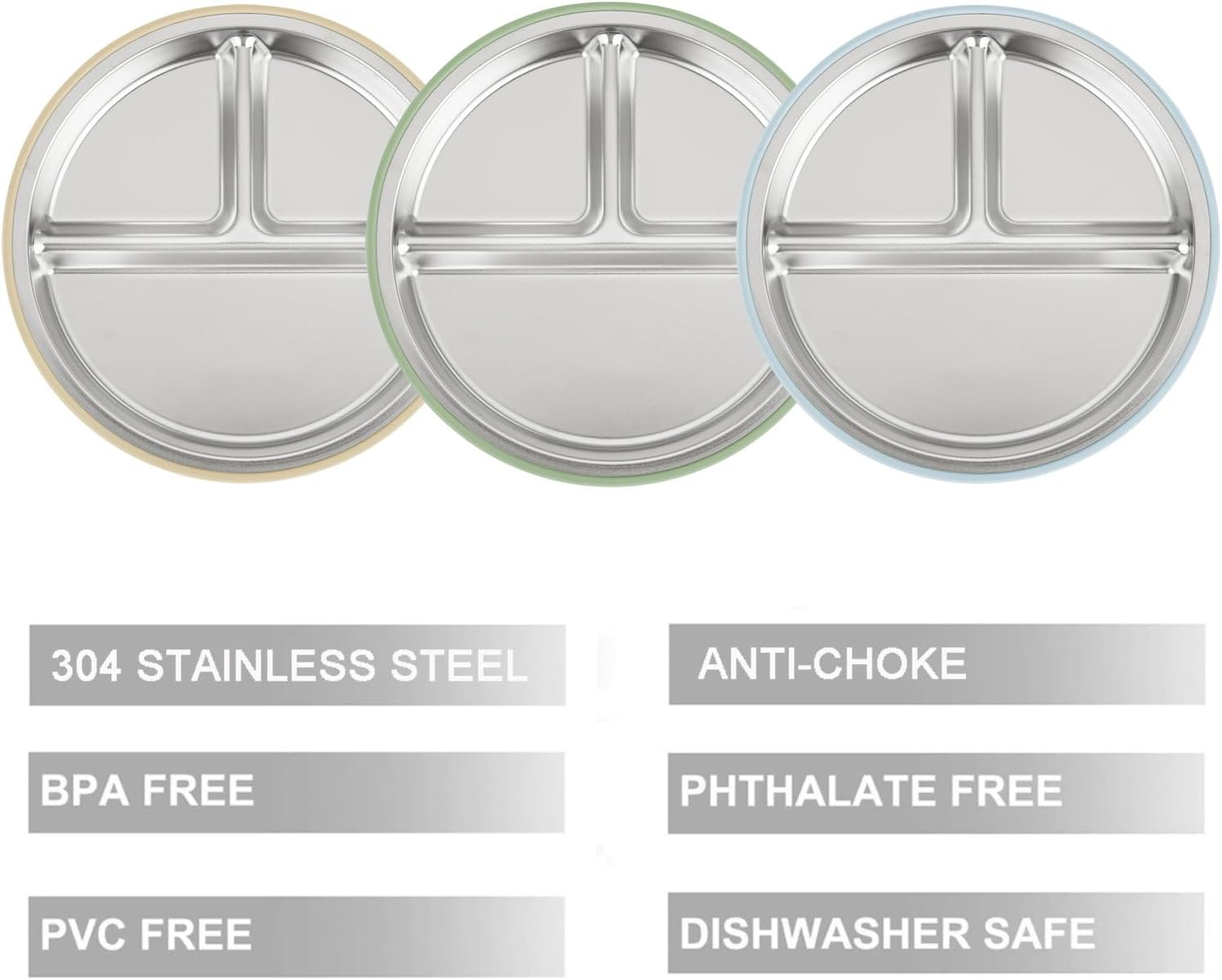 Pandaear 3 Pack Stainless Steel Baby Suction Plates, Divided Toddler Plate for Baby Led Weaning Supplies, Non-Slip Toddler Baby Feeding Set Dishwasher Safe image number 1