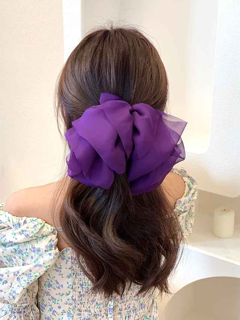 Duories Large Hair Bows Clip Hair Clips for Women Girls Women Chiffon Tulle Bows Hair Bow Large Hair Clips Hair Bow Hair Accessories for Wedding Party Everyday Wear Violet - Violet image number 3