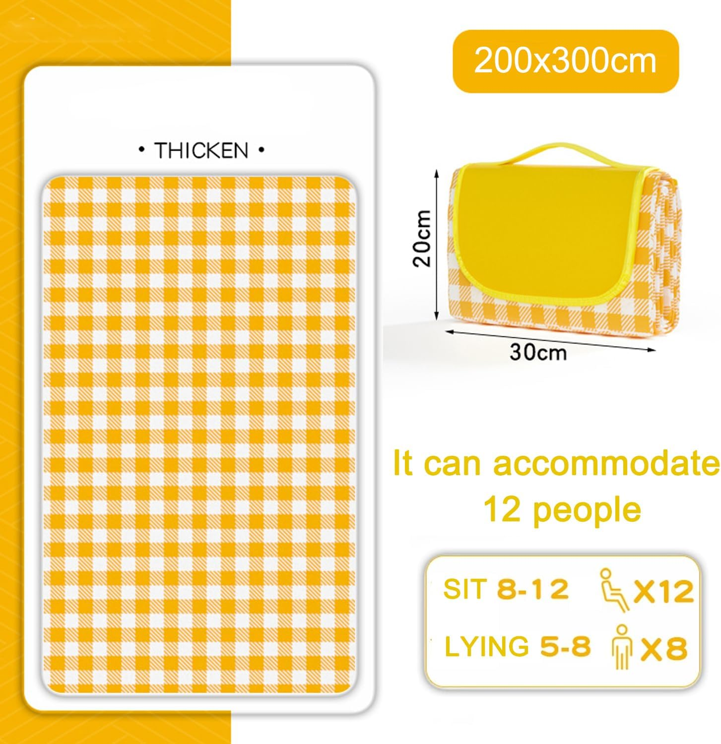 Picnic Outdoor Blankets, Extra Large 200 * 300CM Beach Blanket, Thick 3-Layers Camping Waterproof Mat for Camp Hiking Park, Portable Foldable Rug for Family-Yellow, Sandproof & Machine Washable. image number 5