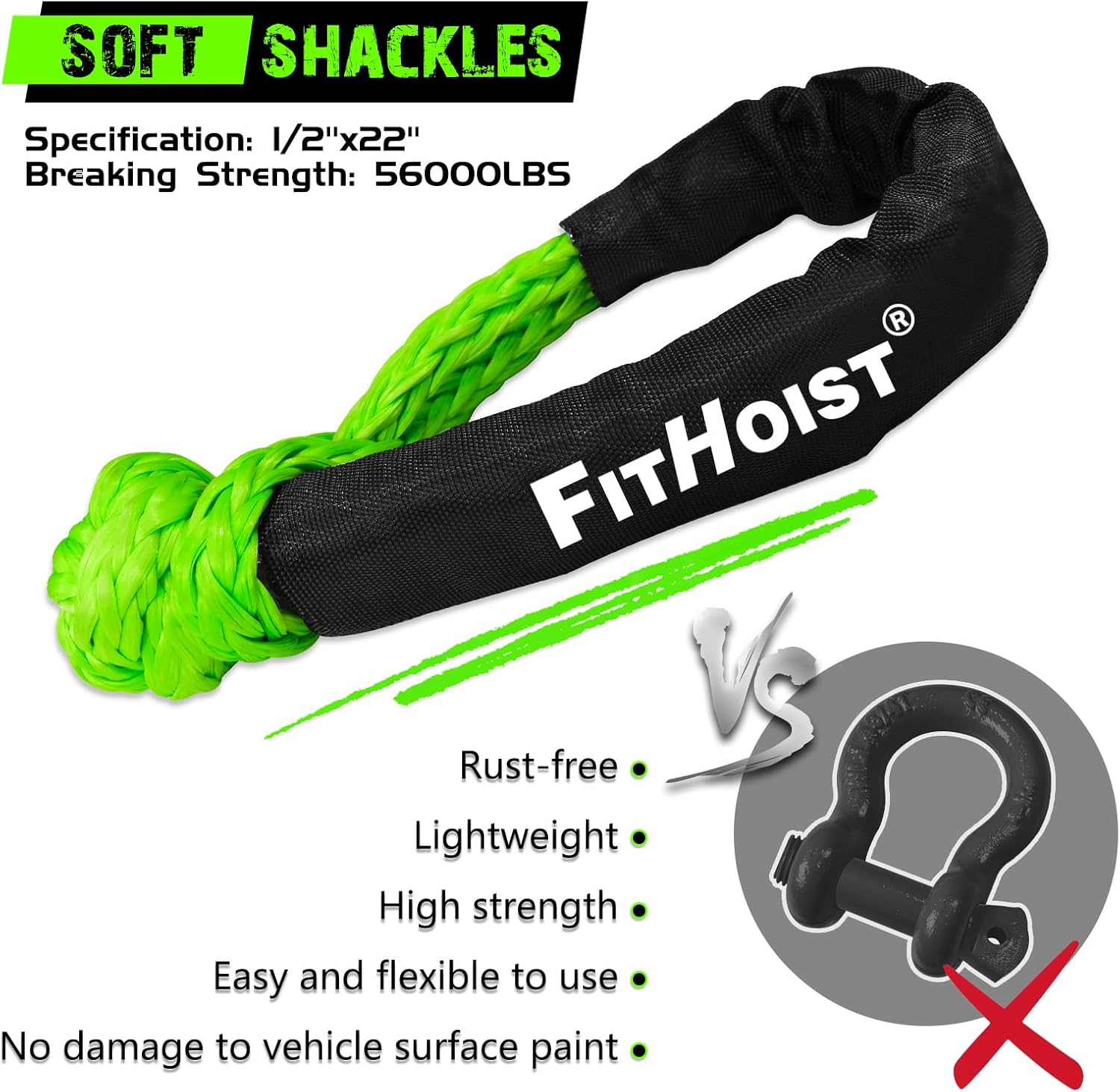 FITHOIST Offroad Recovery Kit, Snatch Block Pulley 10 Ton and Tree Saver Strap 3" X8' and 2Pc Soft Shackle 1/2"X22", Winch Accessories for Car Truck SUV ATV image number 1