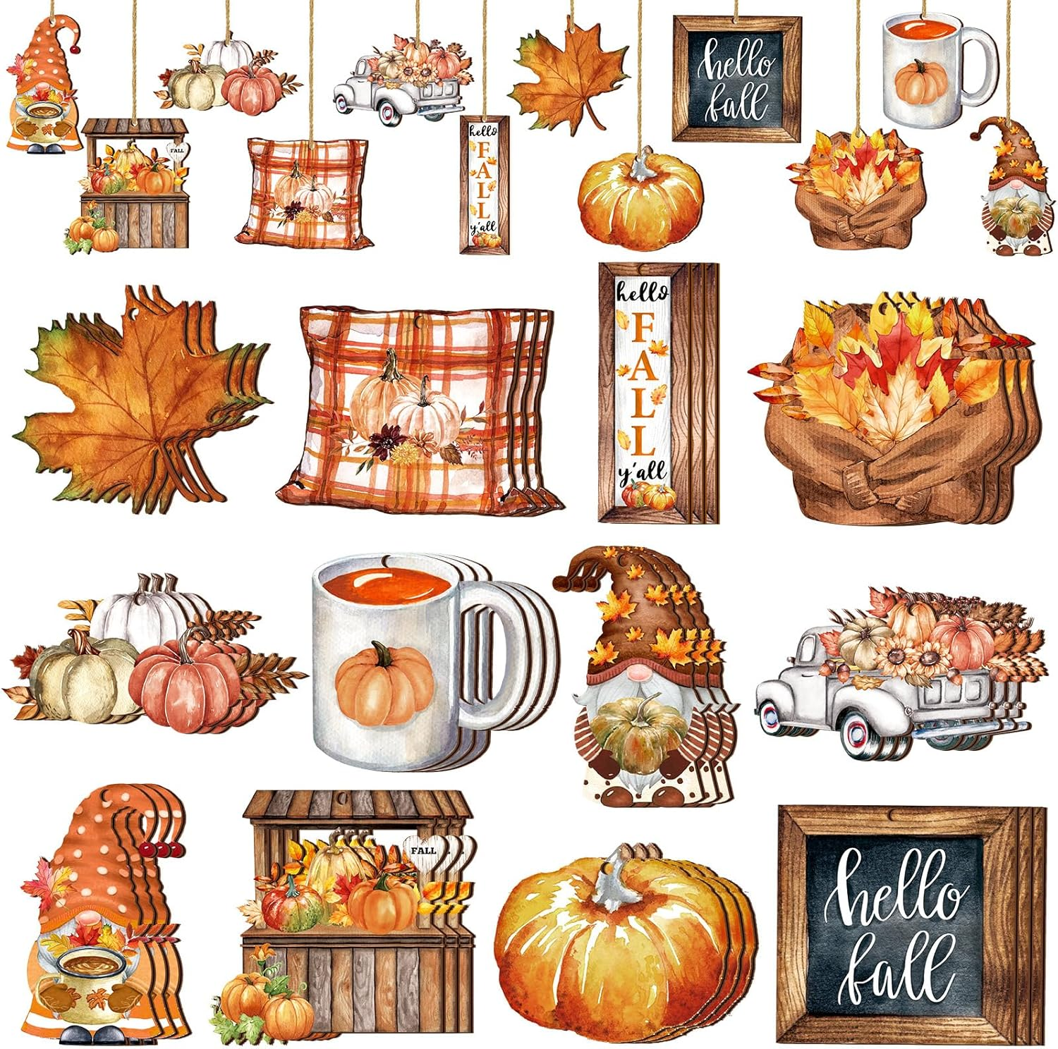 36 Pcs Thanksgiving Tree Ornaments Fall Wooden Hangings Decorations Pumpkin Gnome Maple Leaf Decorative Hanging Ornaments Autumn Harvest Party Favor Gift Tag for Holiday(Fresh Style)