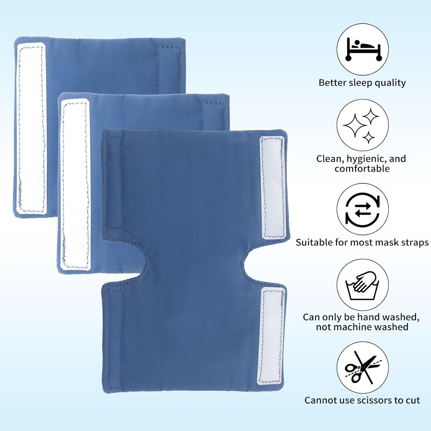 AGDGV 3 Pack Satin C P a P Strap Covers & Frame Covers - Universal Fit for Dreamwear, Resmed Airfit Headgear - Soft Breathable Hair Saver, Face Cushion Pads to Reduce Red Marks & Skin Irritation(Blue) image number 5