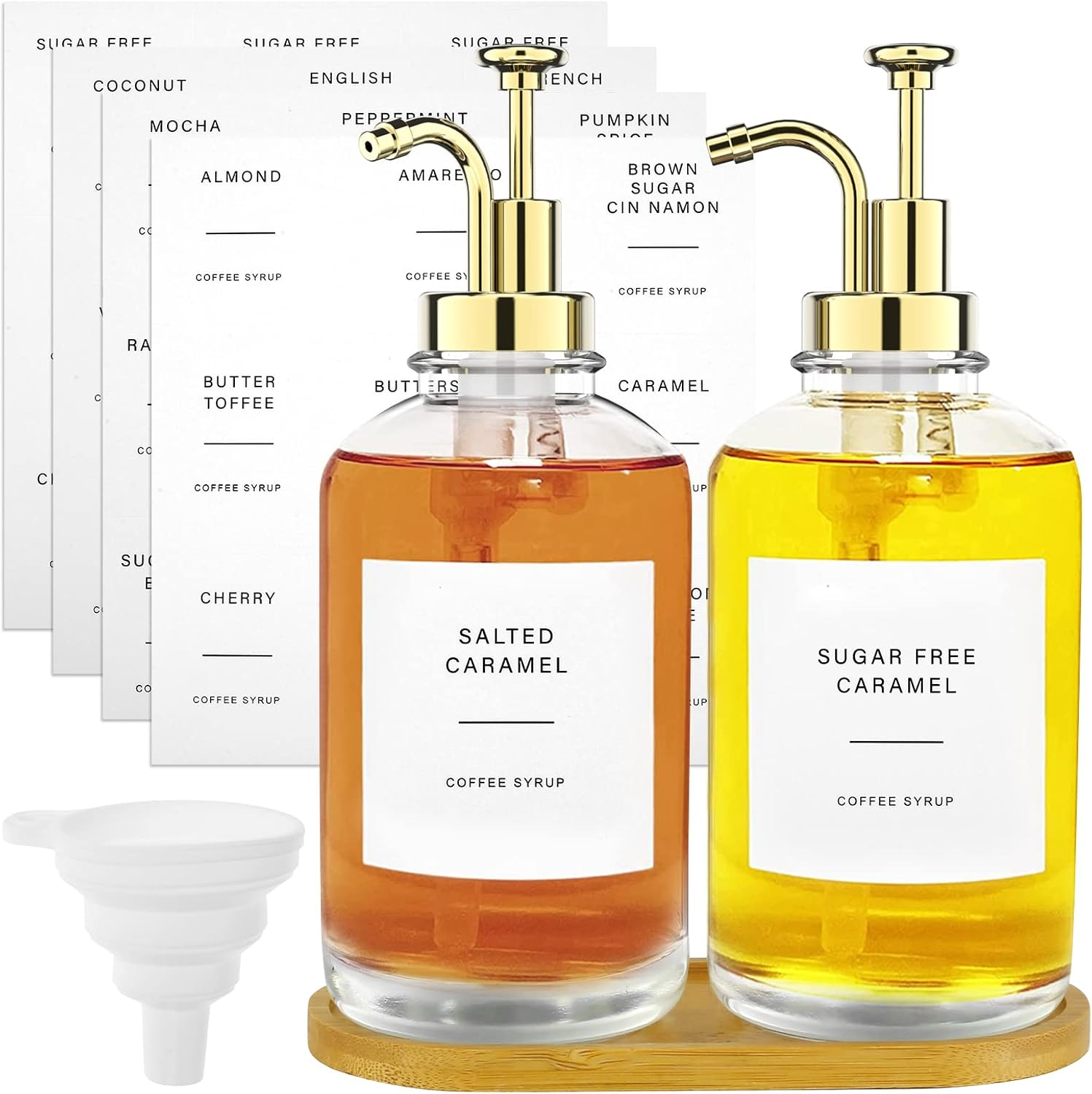 2 Pcs Glass Syrup Bottle with Pump-500Ml/16.9Oz, Dispenser Set with Bamboo Tray Labels Funnel, Clear Syrup Pump Dispenser, Bottle for Coffee Bar Home 3.2 X 8.7In (Gold) image number 2