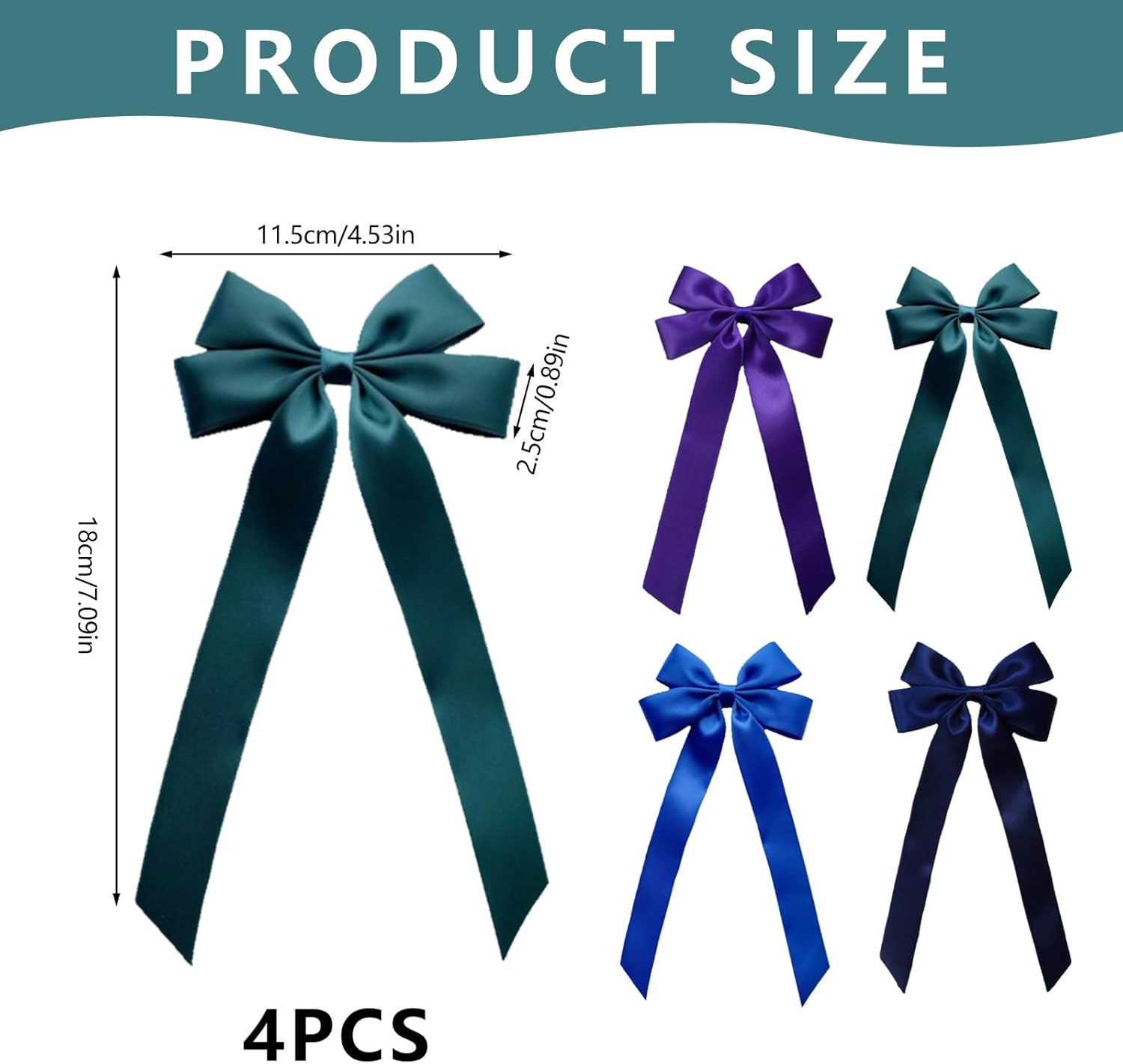 Bekecidi 4 PCS Hair Bows Hair Clip Hair Ribbon with Long Tail Hair Barrettes Tassel Bowknot Hairpin French Hair Clips Slides Metal Clips Hair Accessories for Women Girls (Black, Blue, Green, Purple) image number 4