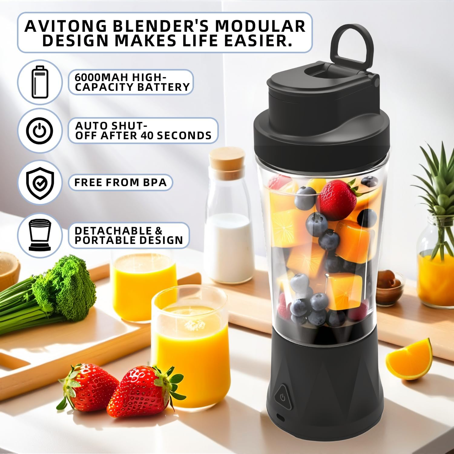 AVITONG Portable Blender USB-C Rechargeable, 710Ml Bpa-Free Cup, Personal Smoothie Maker with Lid, Ice Crushing Juicer for Travel, Gym, Office