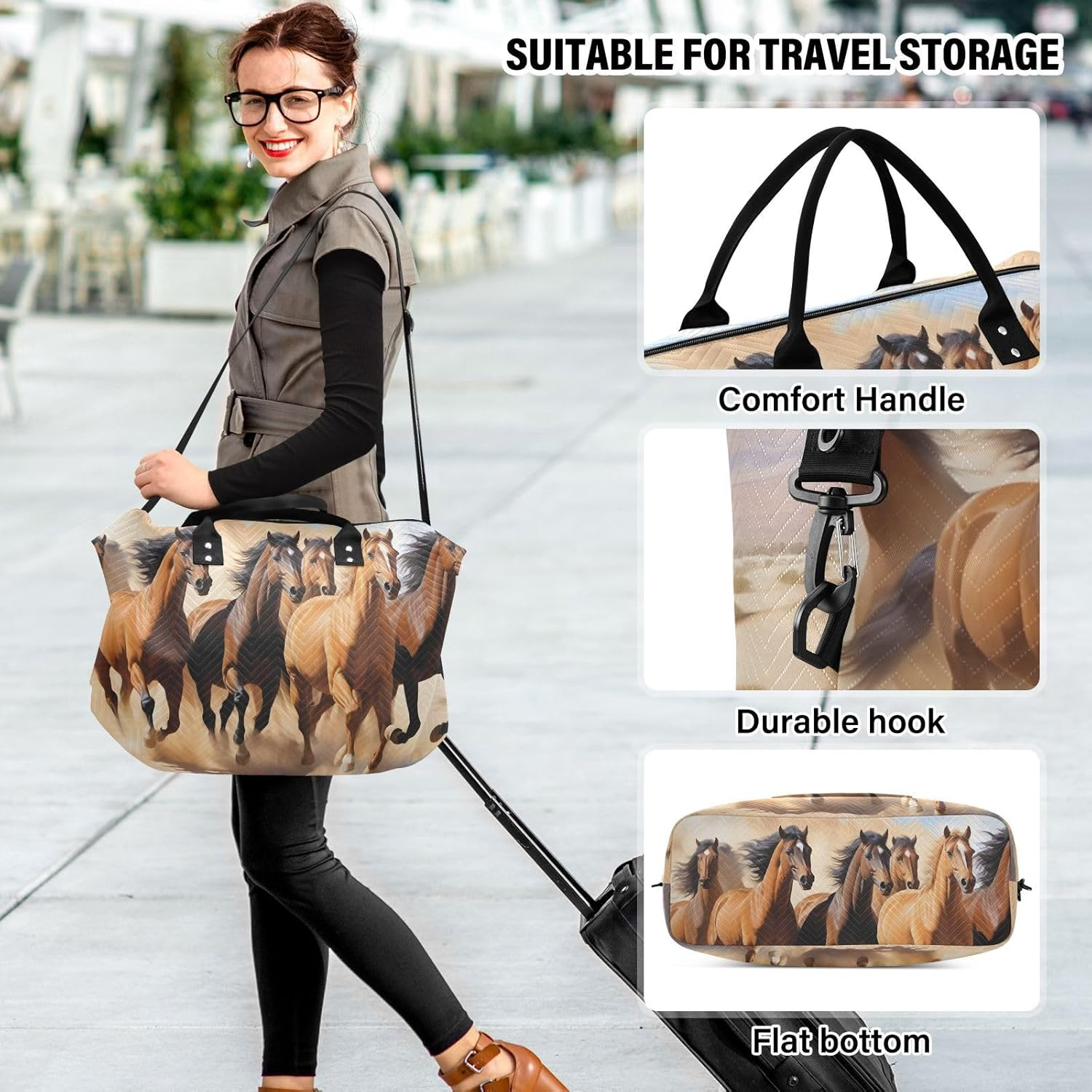 XYMZR Large Travel Duffel Bag, Horse Herd in Desert Sports Tote Gym Bag, Shoulder Weekender Overnight Bag for Women Men, Carry on Luggage with Toiletry Bags, Multi-Colored, Multi-Colored image number 3