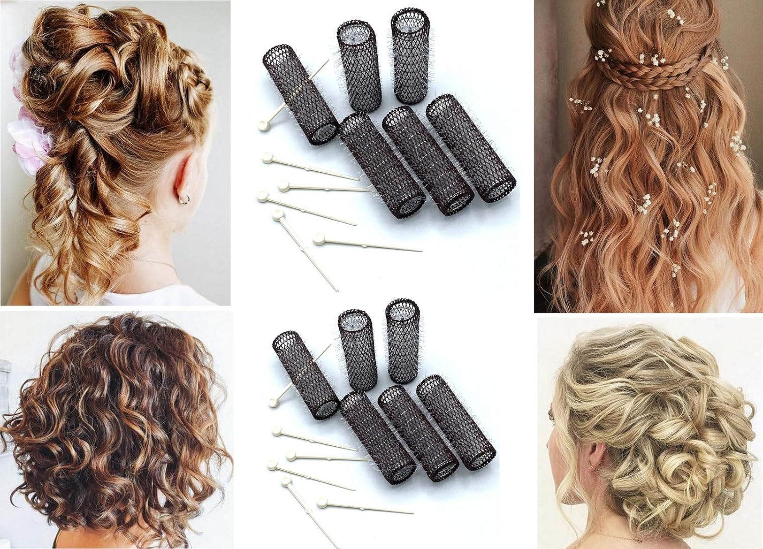 12 Pc Vintage Style Hair Rollers BRUSH ROLLERS & 12 PINS - Mesh Hair Curlers with Bristles 3"X 7/8" (12 Large Rollers & Pins)