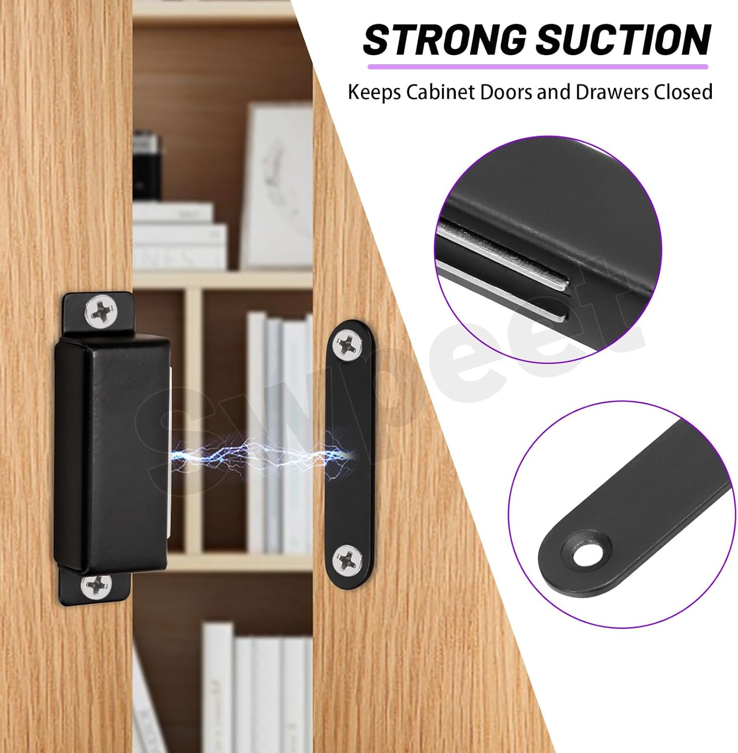 Swpeet 8 Pack 2.16" X 0.8" Black Medium Stainless Steel Cabinet Magnetic Catch with Screws Assortment Kit, Strong Door Magnetic Catches for Door Kitchen Cupboard Closure Closet Door Closer image number 2