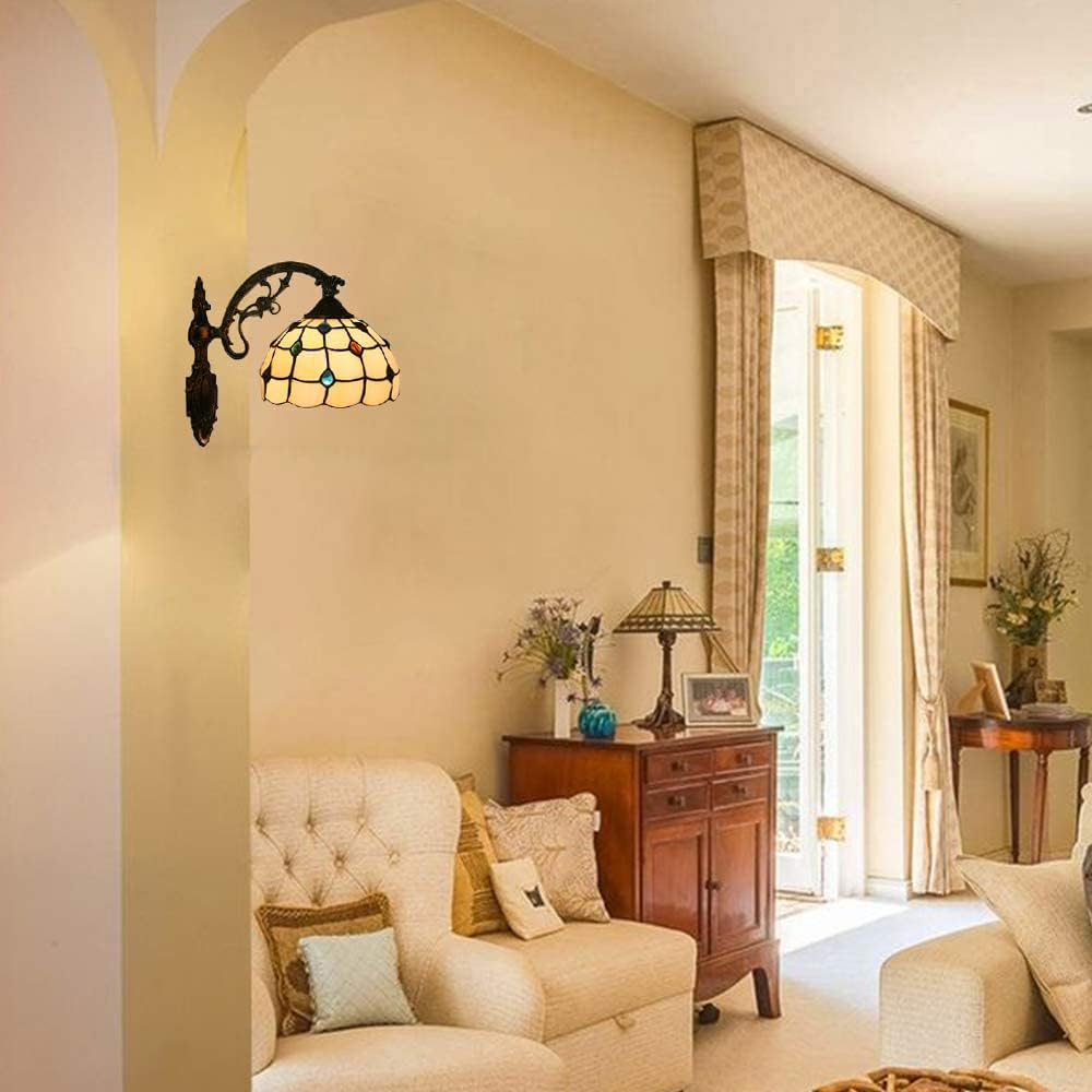 Retro Tiffany Style Wall Light, 8" Wide Rose Stained Glass Creative Multi-Colored Decorative Wall Lighting Fixtures for Living Room Bedroom Corridor Stairs,B XXZ image number 6