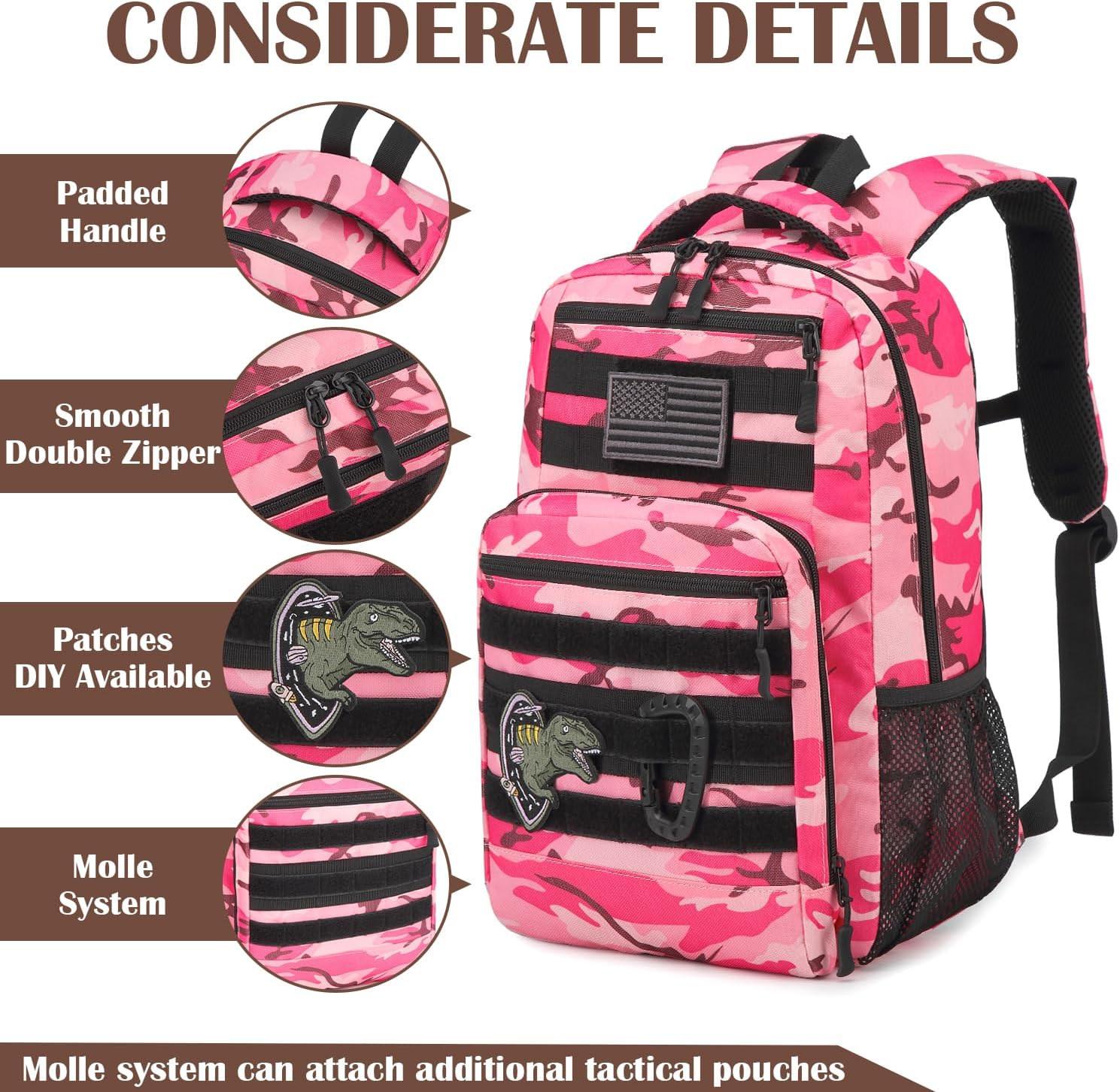 Kids Tactical Backpack Army Molle Bookbag Military Boys Backpack for School, Outdoor, Camping - Black Camo image number 3