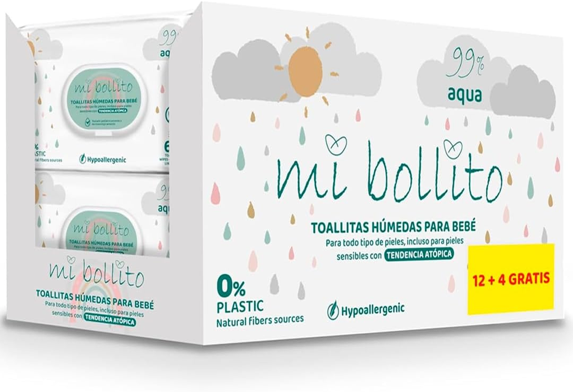 Baby Wipes - 99% Pure Aqua - 100% Vegetable Fibers - 960 Wipes - 12 Packs+4 Free - Help Restore the Neutral Ph of Baby'S Skin - Ideal for Sensitive and Atopic Skin.