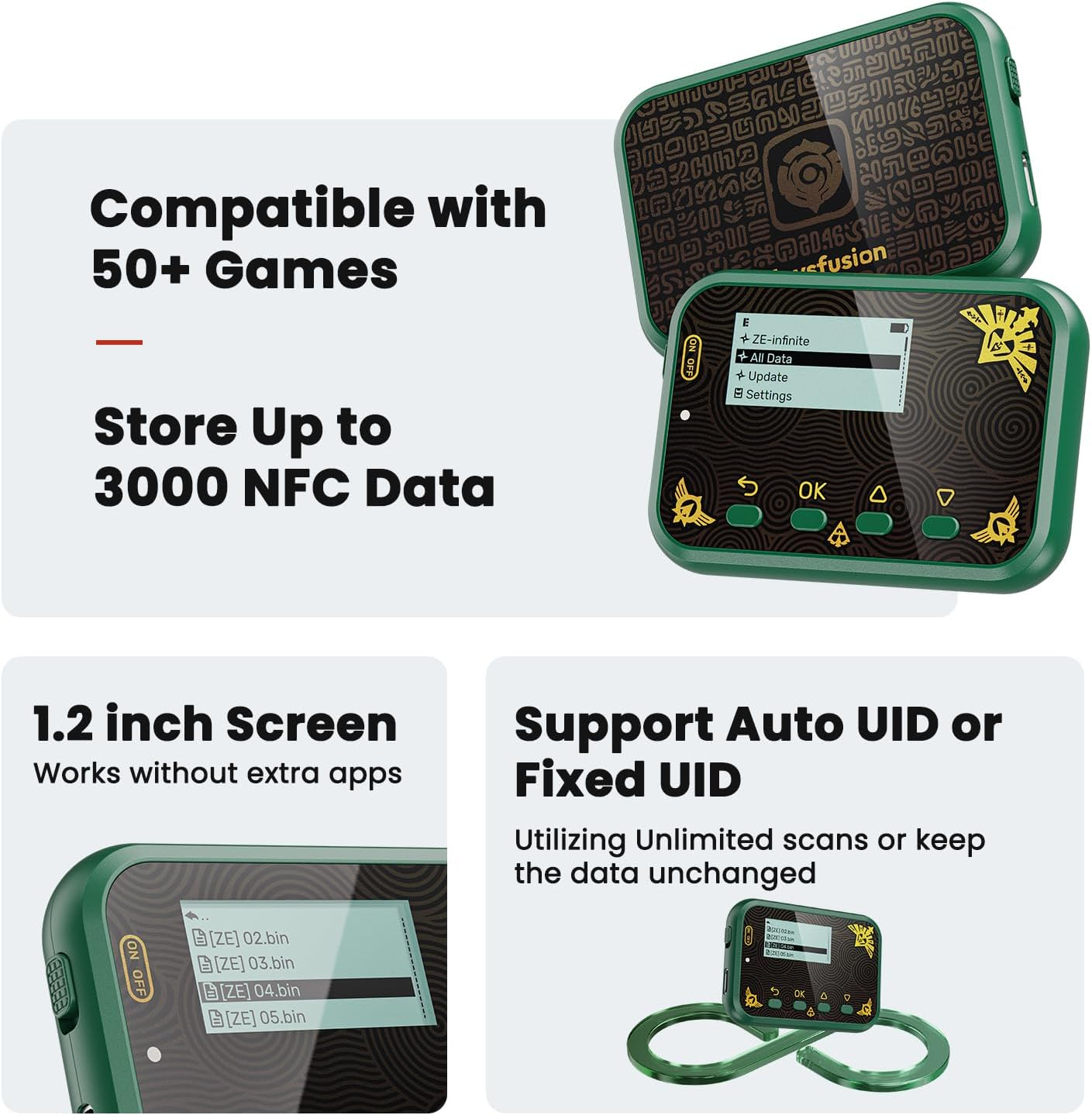 Joysfusion NFC Emulator, Store 3000 NFC Data, Support Ulimited Scan, 1.2" Screen, Easy Button Controls, Rechargeable for Endless Play, Compatible with 50+ Games (Green) image number 6