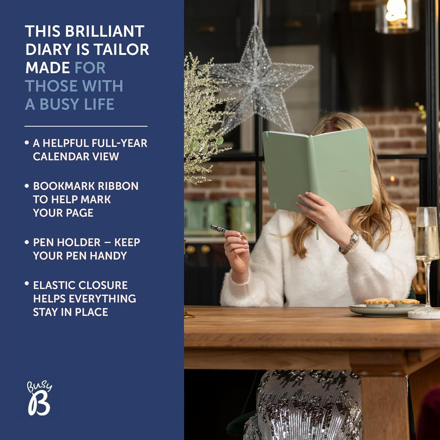 Busy B 2025 Dual Schedule Diary - A5 Sage Green Daily Planner with Two Schedules, Faux Leather Cover & Gold Foil - Work-Life Balance Organiser for Busy Professionals - Jan to Dec 2025 Diary