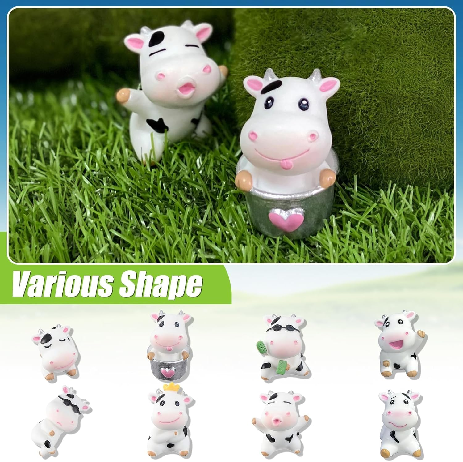 8Pcs Cute Cow Car Dashboard Ornaments - Vehicle Rear View Mirror/Dashboard/Touchscreen Top Funny Adorable Mini Decor Set, Cars Interior Accessories for Women Men (1, Cow) image number 5