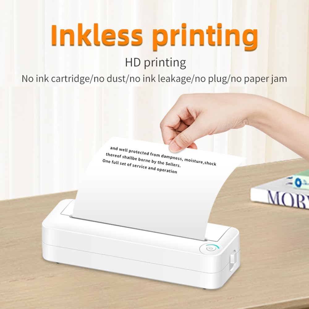 A4 Portable Paper Printer Thermal Printing Wireless BT Connect Compatible with Ios and Android Mobile Photo Printer Support 210Mm Wide for Outdoor Travel Home Office Printing Sketches Reports White