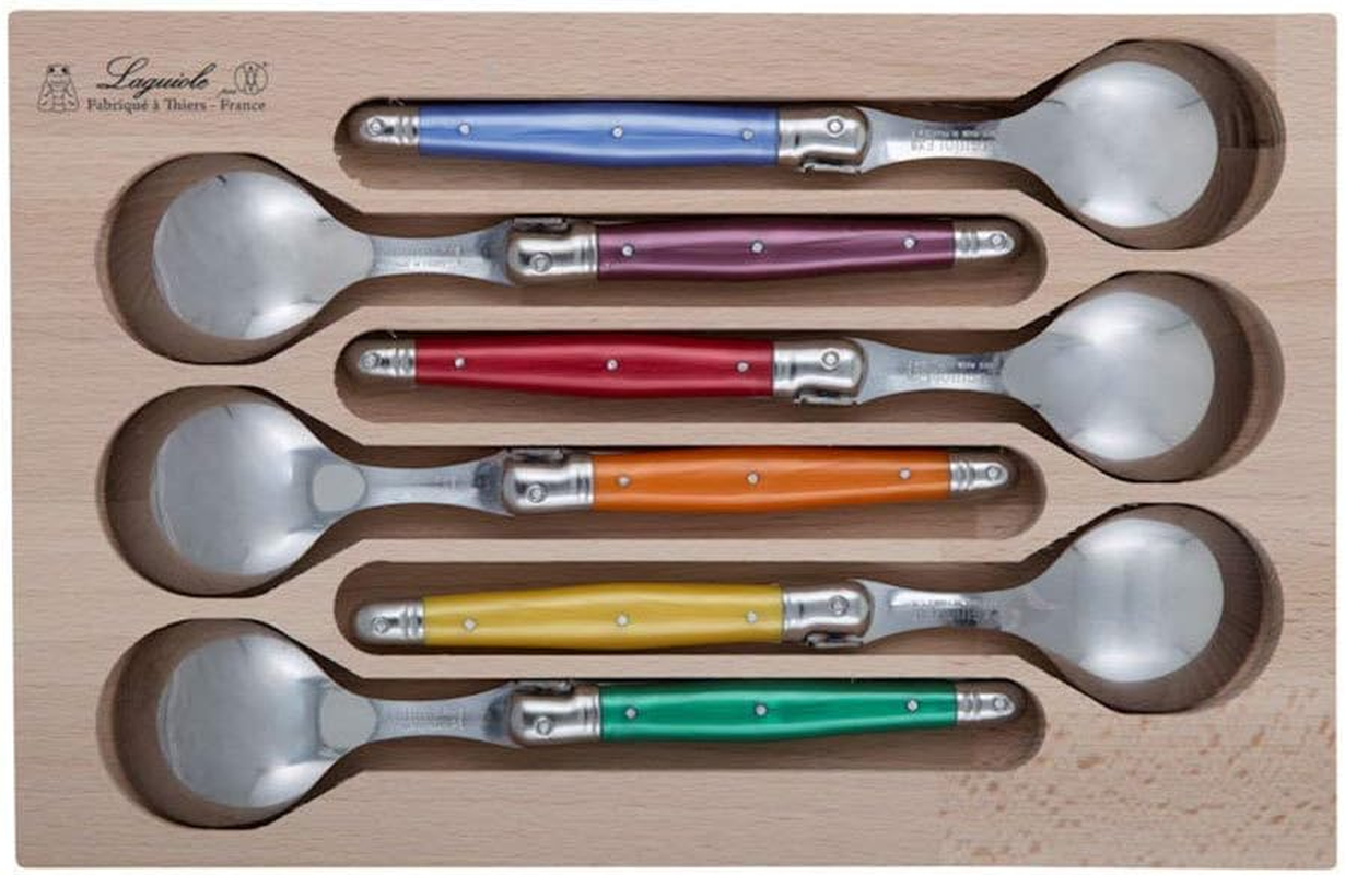 Laguiole by Andre Verdier Debutant Soup Spoon Set/6, Orange/Yellow/Purple/Green/Blue/Red, AV-7216CD-MIX-O