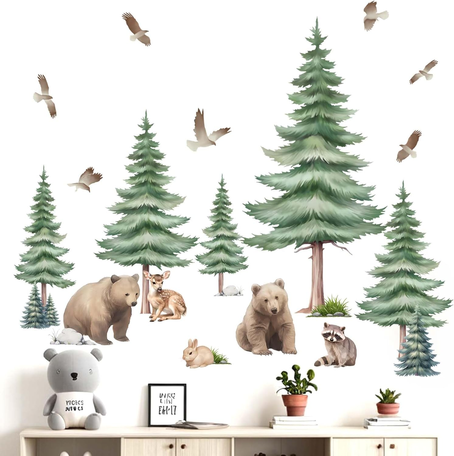 Large Pine Tree Wall Decals - Woodland Animal Bear Wall Stickers - Girls Bedroom Baby Nursery Kids Room Wall Decor image number 5