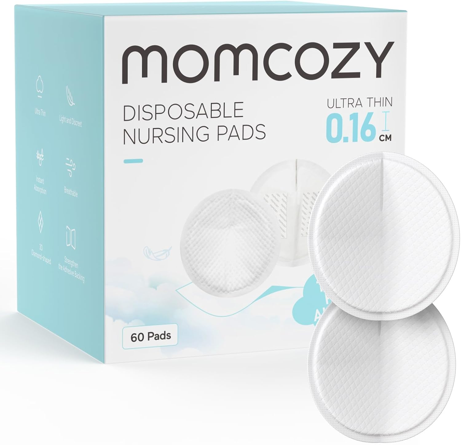 Momcozy Ultra-Thin Disposable Nursing Pads, Ultra-Absorbent and Breathable Portable Breast Pads for Mothers, Keep Dry Continuously, Make Breasts Light and Unburdened, Individually Packaged（60 Count） image number 1