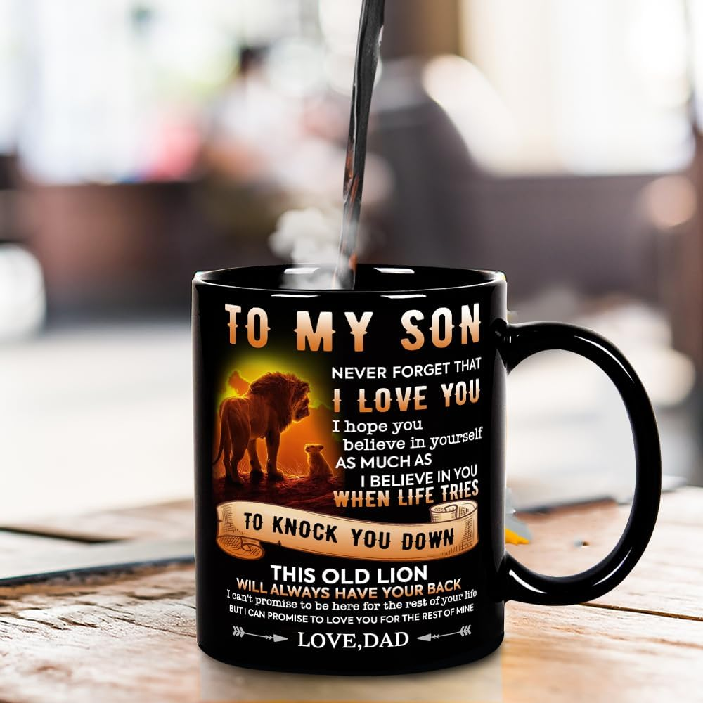 Fatbaby Birthday Coffee Mug Gifts for Son from Dad,Dad to My Son Gifts for Christmas Thanksgiving Farewell,Male Lion Black Tea Cup 11OZ image number 2