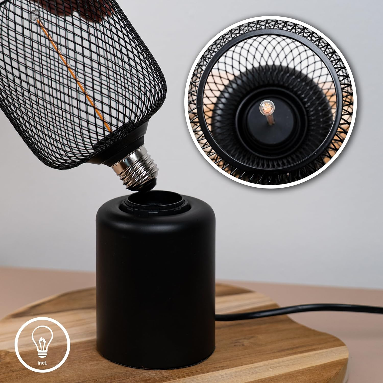 BRILONER - Wire Mesh Table Lamp, Cable Switch, E27 Socket, Night Light, Decorative Lighting for Hallway or Office, Reading Light, 10X25Cm, Black