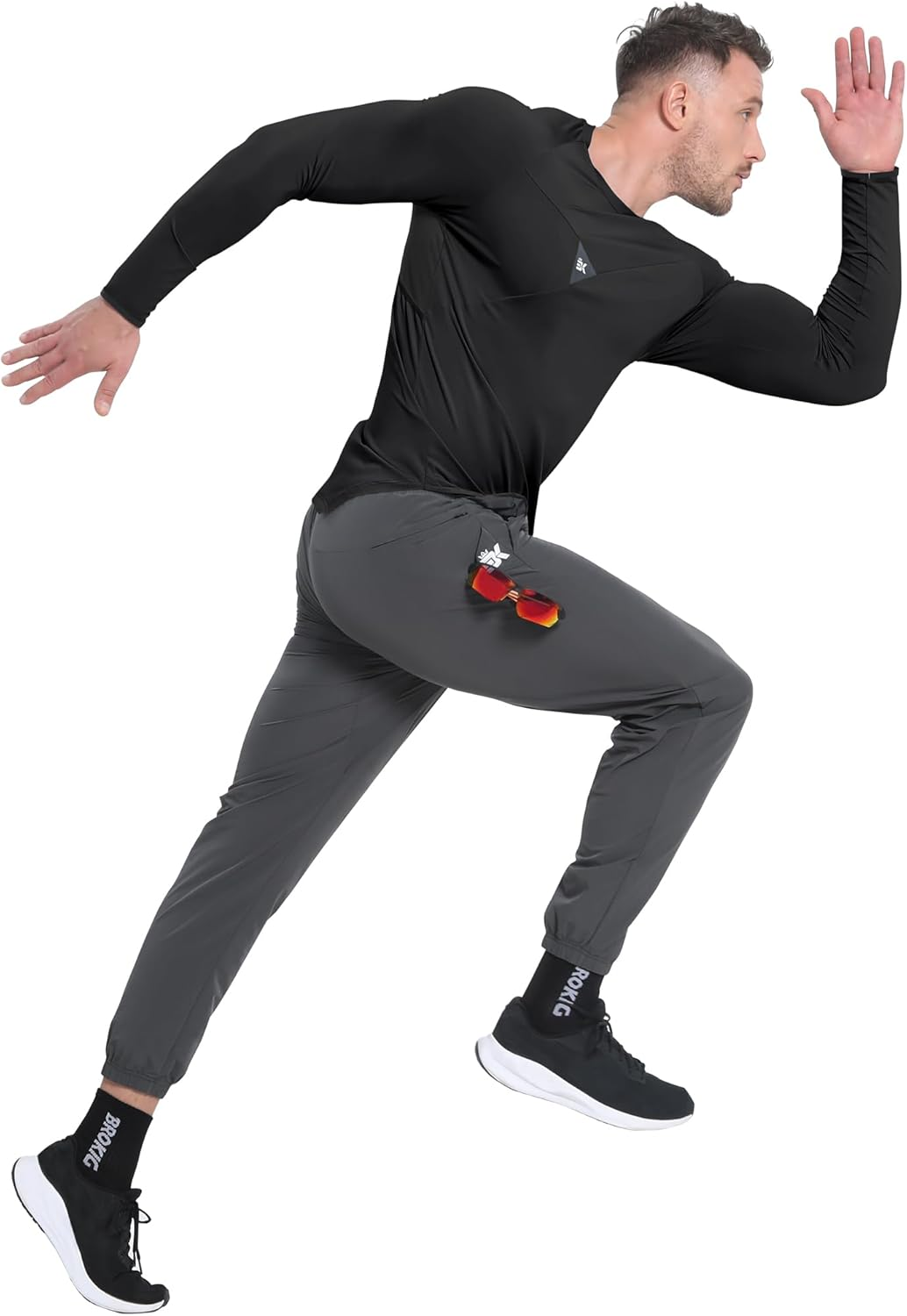 BROKIG Mens Armzip Long Sleeve Gym Tshirts, Quick Dry Workout Compression Shirts Lightweight Running Sports Top with Zip Pocket image number 2