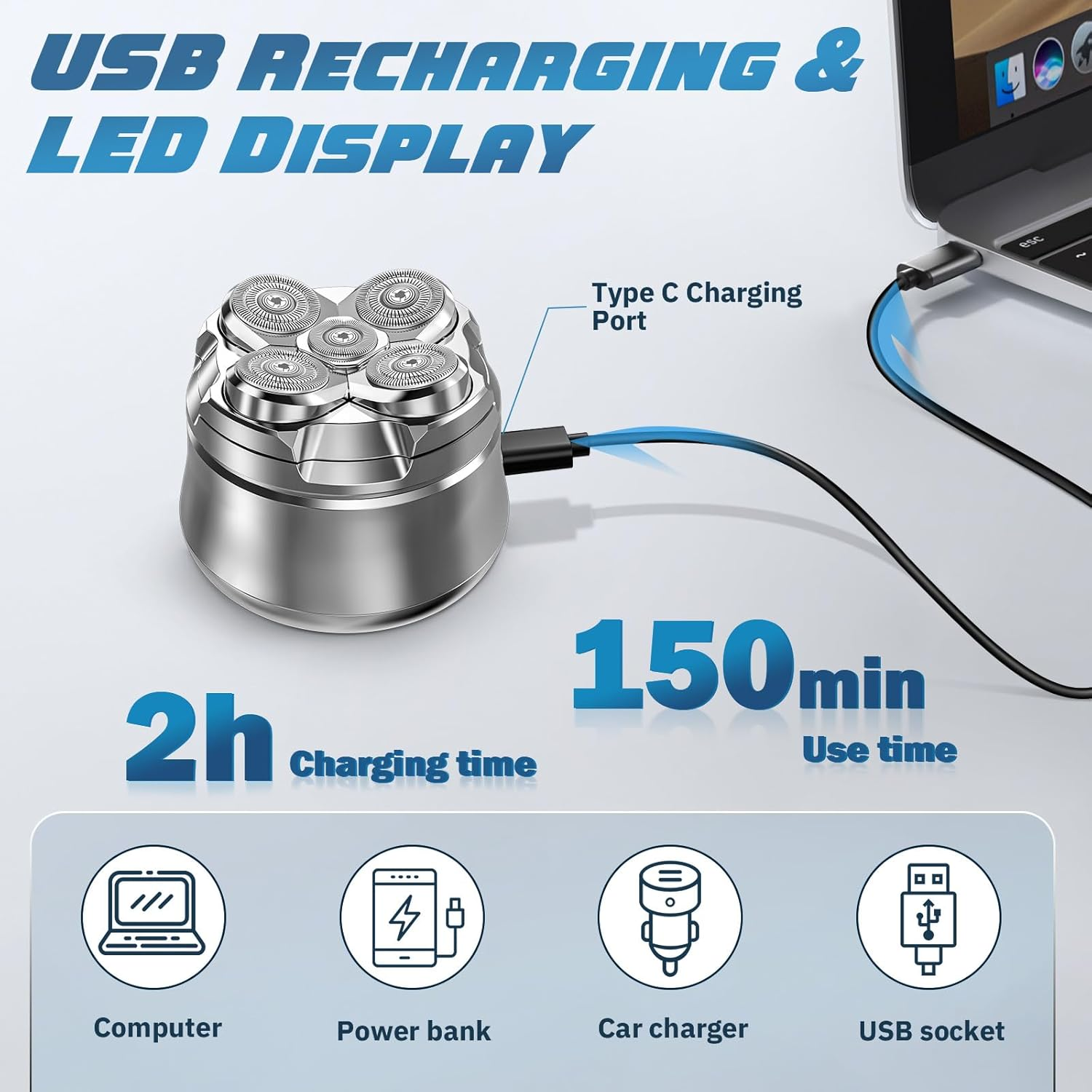 Luctry Head Shavers for Bald Men, Magnetic Electric Razor Hair Trimmer for Men Cordless Rechargeable Electric Shavers, 100% Waterproof Dry with Led Display,Compact Design&Smooth Shaving (Silvery White) image number 6