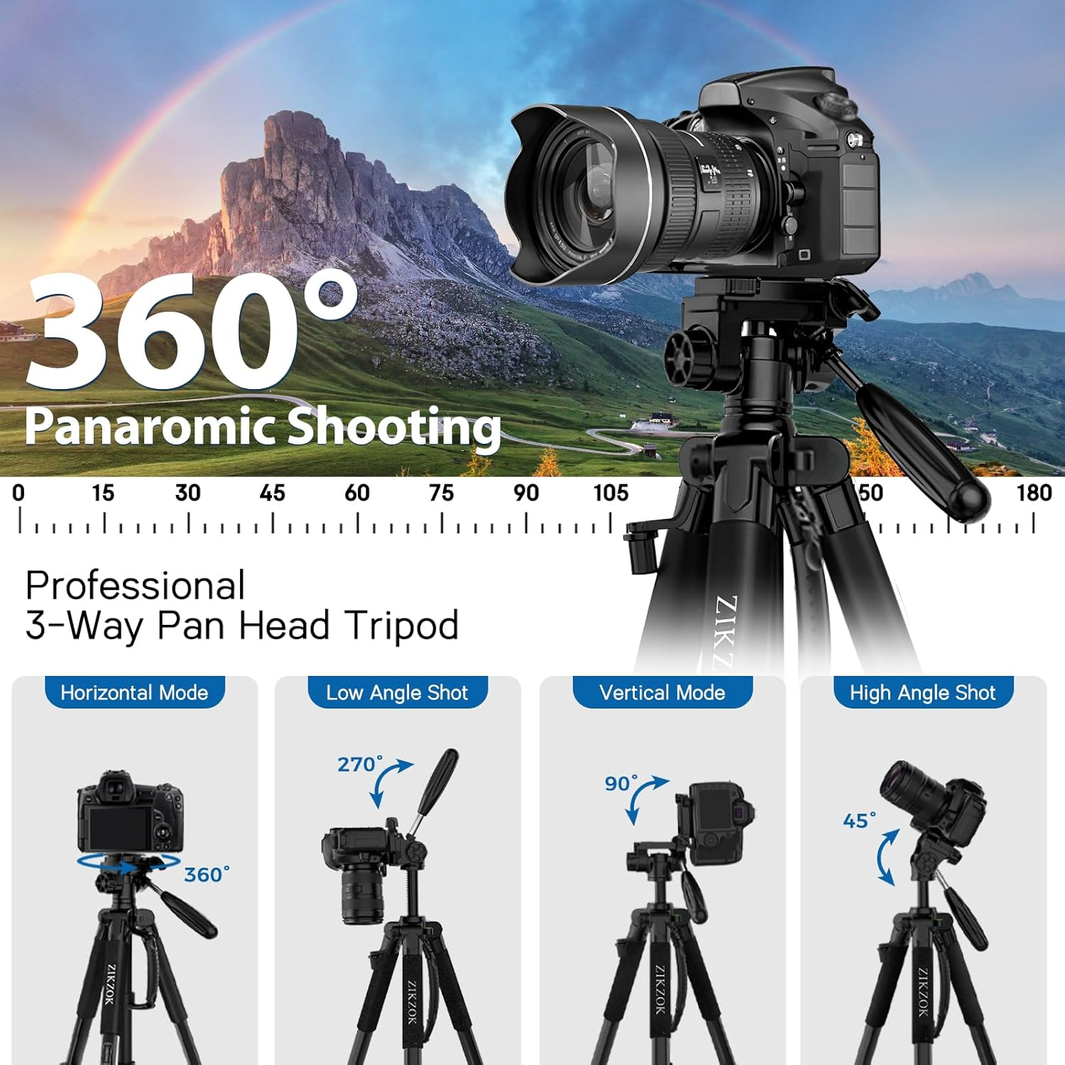 75" Camera Tripod, Aluminum Heavy Duty Camera Stand for Ipad Phone, Travel Tripod With/Carry Bag/Phone Tablet Holder, Compatible with Canon Nikon Sony DSLR, Spotting Scopes, Max Load 15 Lb(Black) image number 5