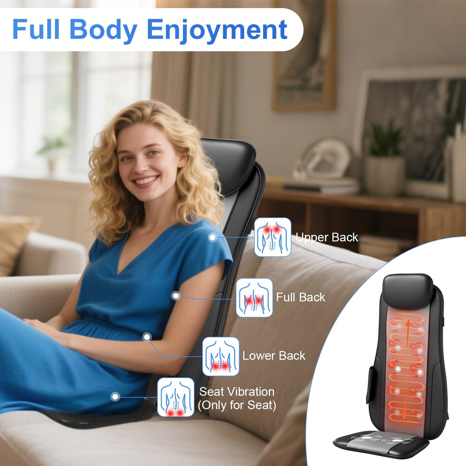 Shiatsu Back Massager Cushion with Heat, Massage Chair Pad with Height Adjustment, Full Back Kneading Shiatsu or Rolling Massage, Gifts for Men, Women image number 5