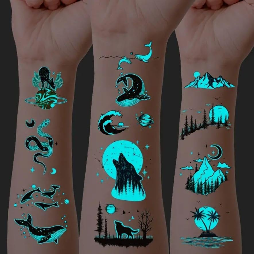 12 Sheets Glow in the Dark Tattoo Sticker Waterproof - Temporary Tattoos - Animal Cat Elephant Penguin Whale Minimalist Designs - Makeup Body Art Tattoo Sticker Pack for Adults Kids - 10.5X6Cm - Steadyink&reg; image number 3