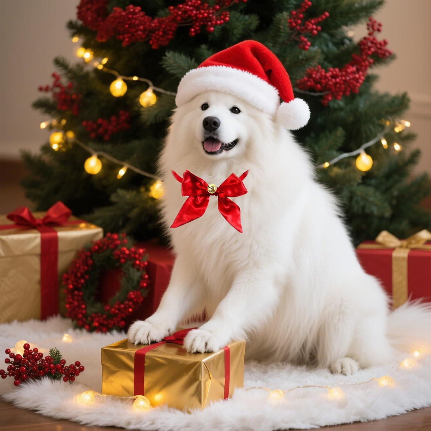 Christmas Dog Costume, 1 X Christmas Hat and 1 X Bell Butterfly Knot, Dogs, Cats, Christmas Costume, Ideal for Christmas Photos and Family Celebrations (Red) image number 1