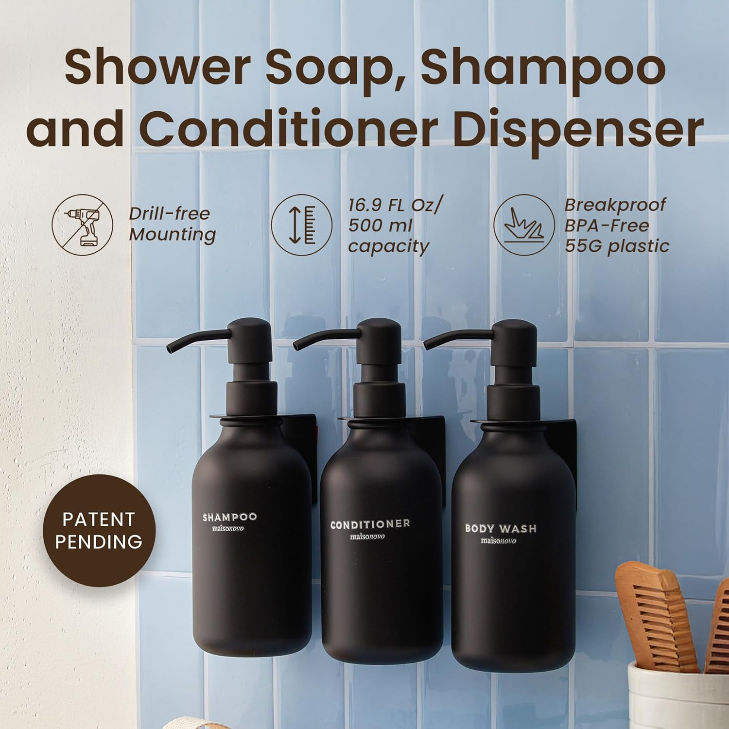 MAISONOVO Shampoo Dispenser for Shower Wall 3 Chamber - Drill Free Shower Soap Dispenser Wall Mount with Waterproof Labels | 3 Black Plastic Bottles with Black Metal Pumps - Black Set Of 2 image number 4
