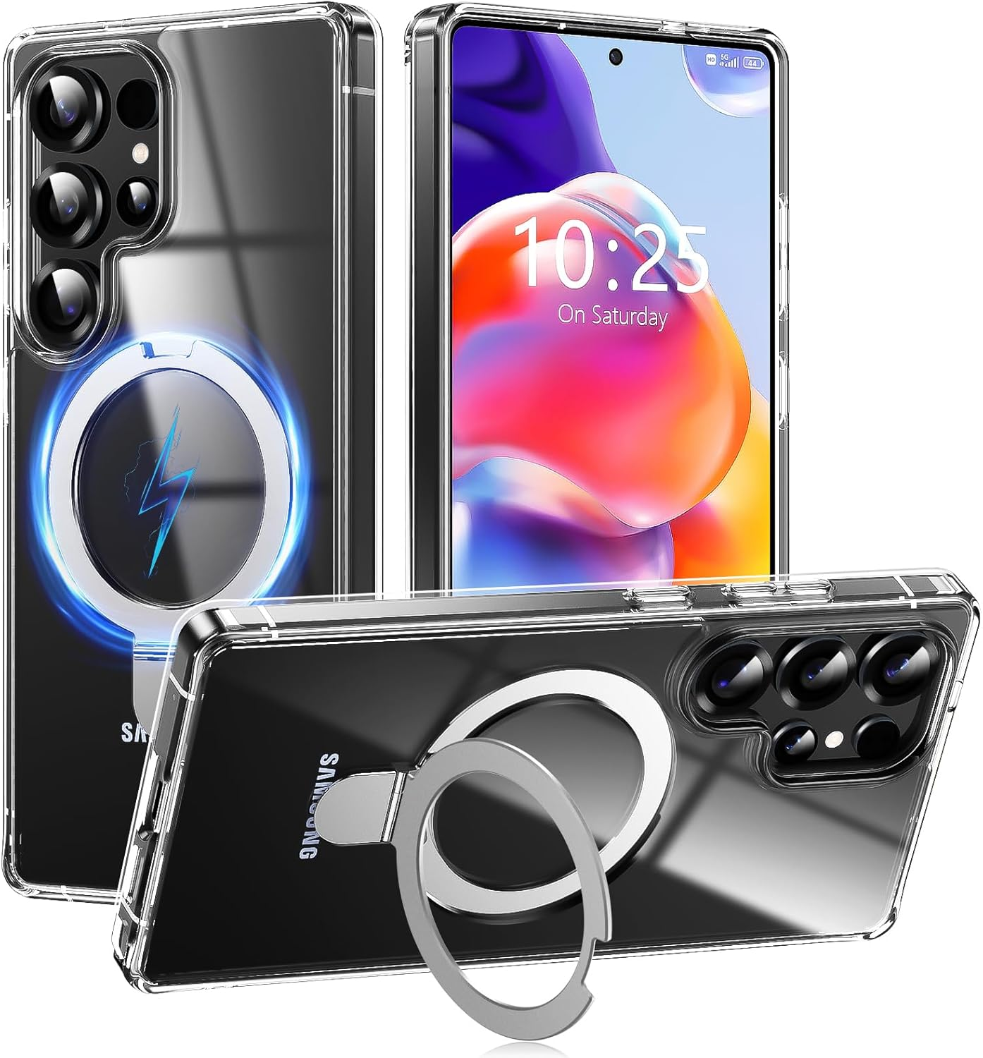 ROUMAYMAY Magnetic Case for Iphone 17 Clear with Ring Holder Foldable Stand Metal Kickstand [Compatible with Magsafe], Slim Transparent Protective Phone Cover for Iphone 17, Clear