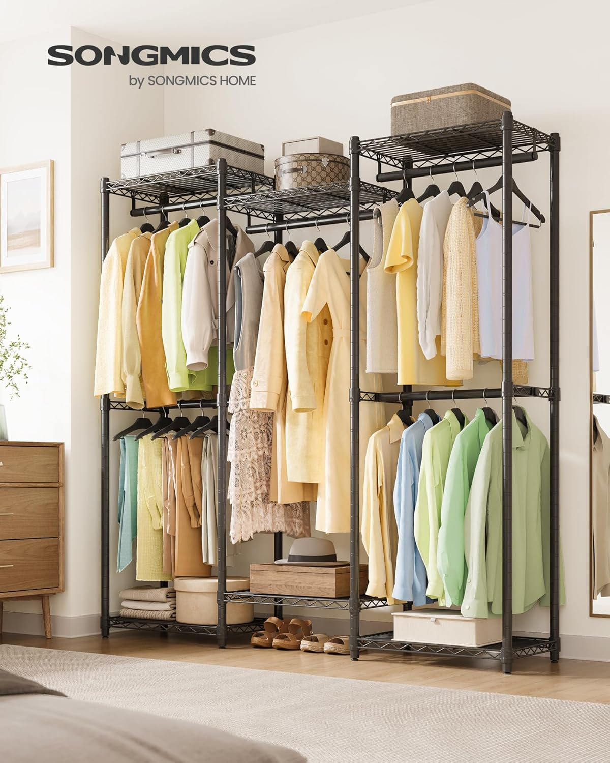 SONGMICS Heavy-Duty Clothes Rack, Garment Rack, Portable Closet, 56.9-Inch Wide Clothing Rack, with Adjustable Mesh Shelves and Hanging Rails, Ink Black ULGR432B01 image number 2