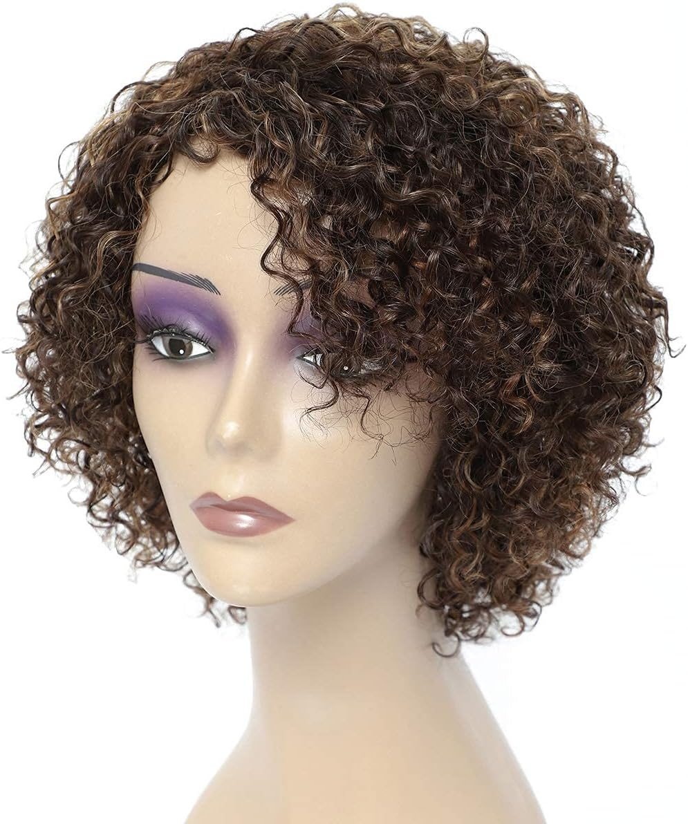 HUA Kinky Curly Short Wigs for Black Women Human Hair Chocolate Brown Mix Medium Auburn Curly Human Hair Wigs for Black Women Glueless 4/30 Color Short Wigs for Women - Heya 1B image number 7