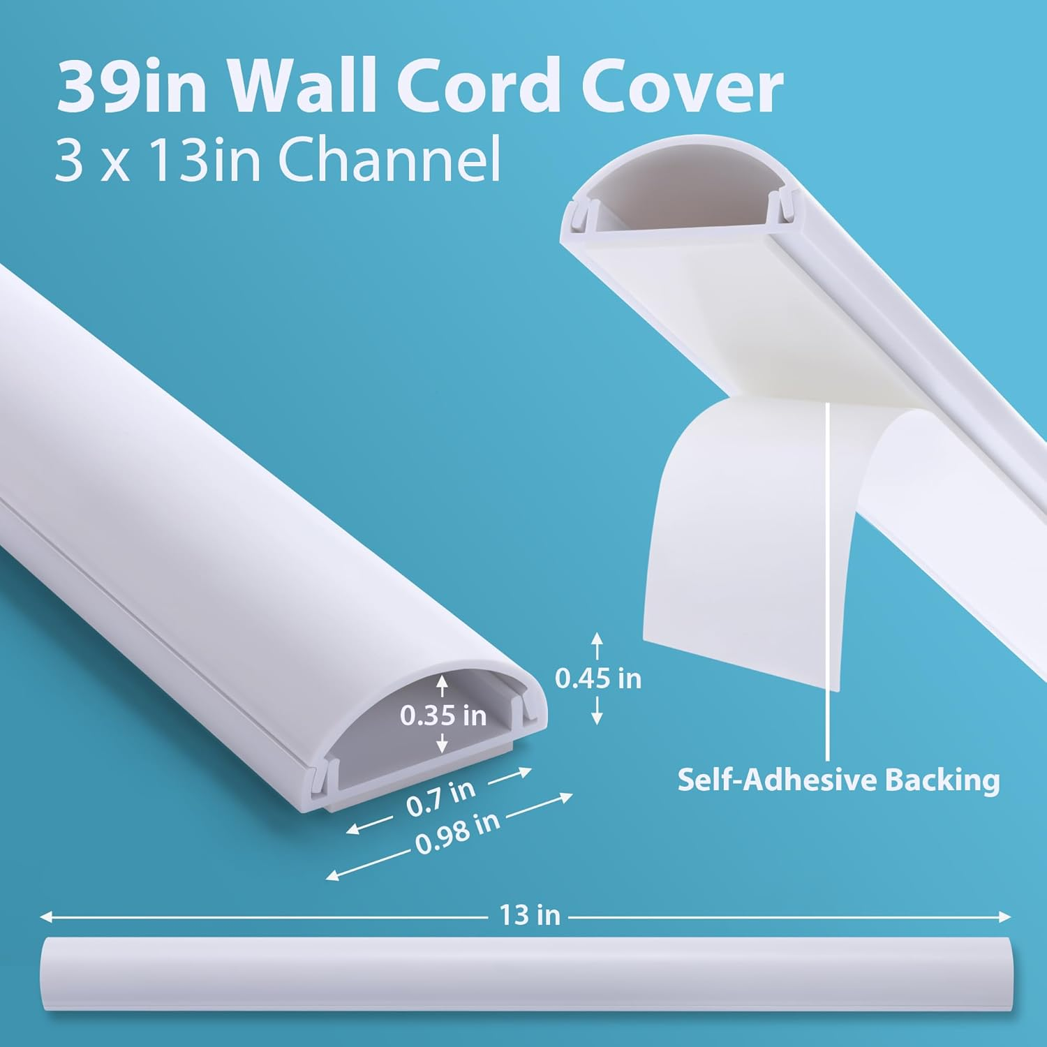 Zhiyo Cord Hider, 39'' Cable Hider for 1-2 Cords, Cord Covers for Wires on Wall, Wire Covers for Cords Wall Mount TV, Cable Raceway White 3Xl13, W0.98 X H0.45 image number 1