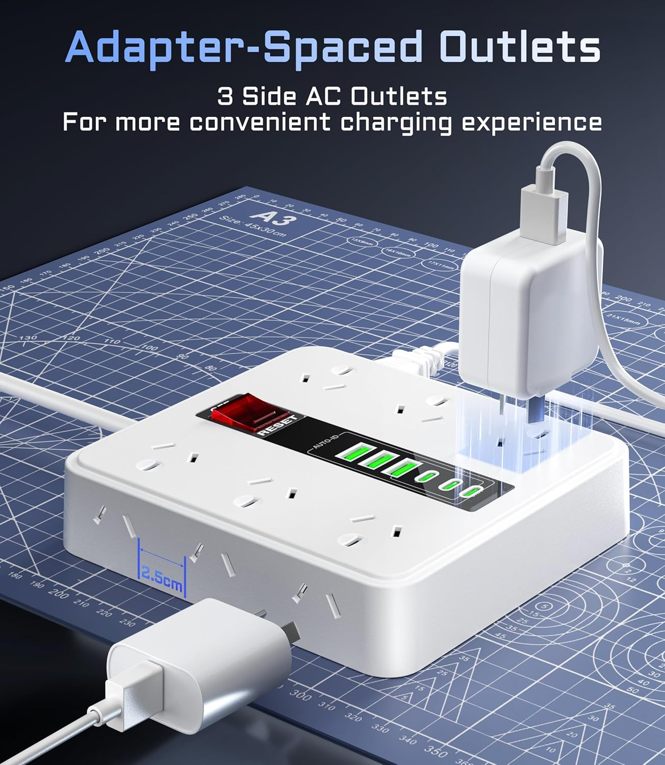 HEYMIX Powerboard USB Surge Protector - 18IN1 Power Board with 3 USB C & 3 USB A, 12 Outlet Power Strip with 1.9M Extension Cord,Wall Mountable 2500W Surge Protection and Overload Switch White image number 1
