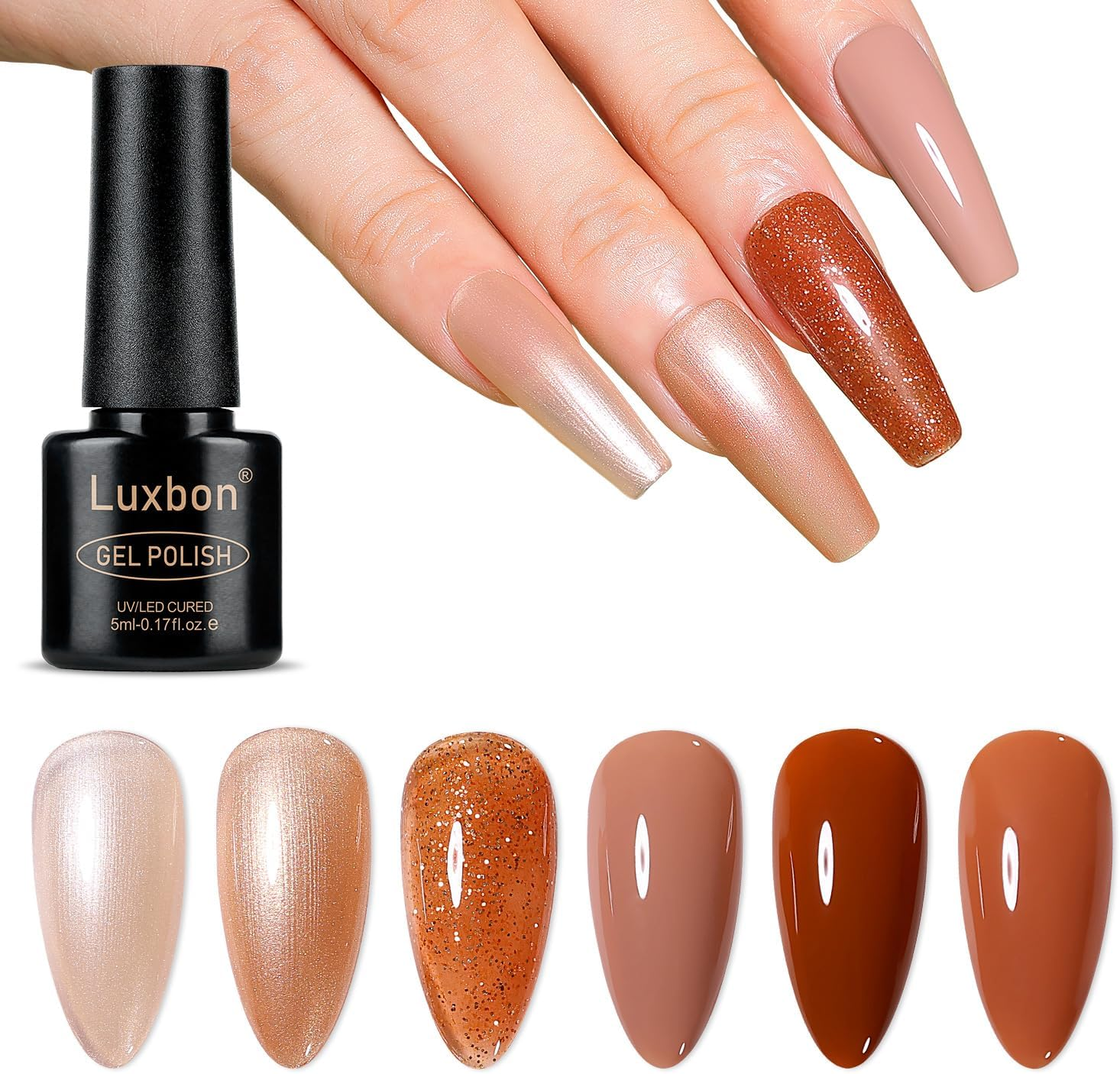 Luxbon 6 Pcs Jelly Gel Nail Polish Set - Fall Colour Set Long Lasting Autumn Gel Polish, Uv Led Soak off Nail Art Designs Manicure Kit 020