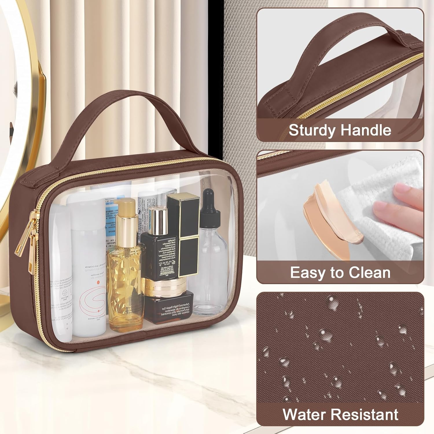 TSA Approved Toiletry Bag, 2 Pack Clear Makeup Bags with Handles, Quart Size PVC Clear Cosmetic Bags for Women and Men, Carry on Airport Airline Compliant Bag, Brown image number 2